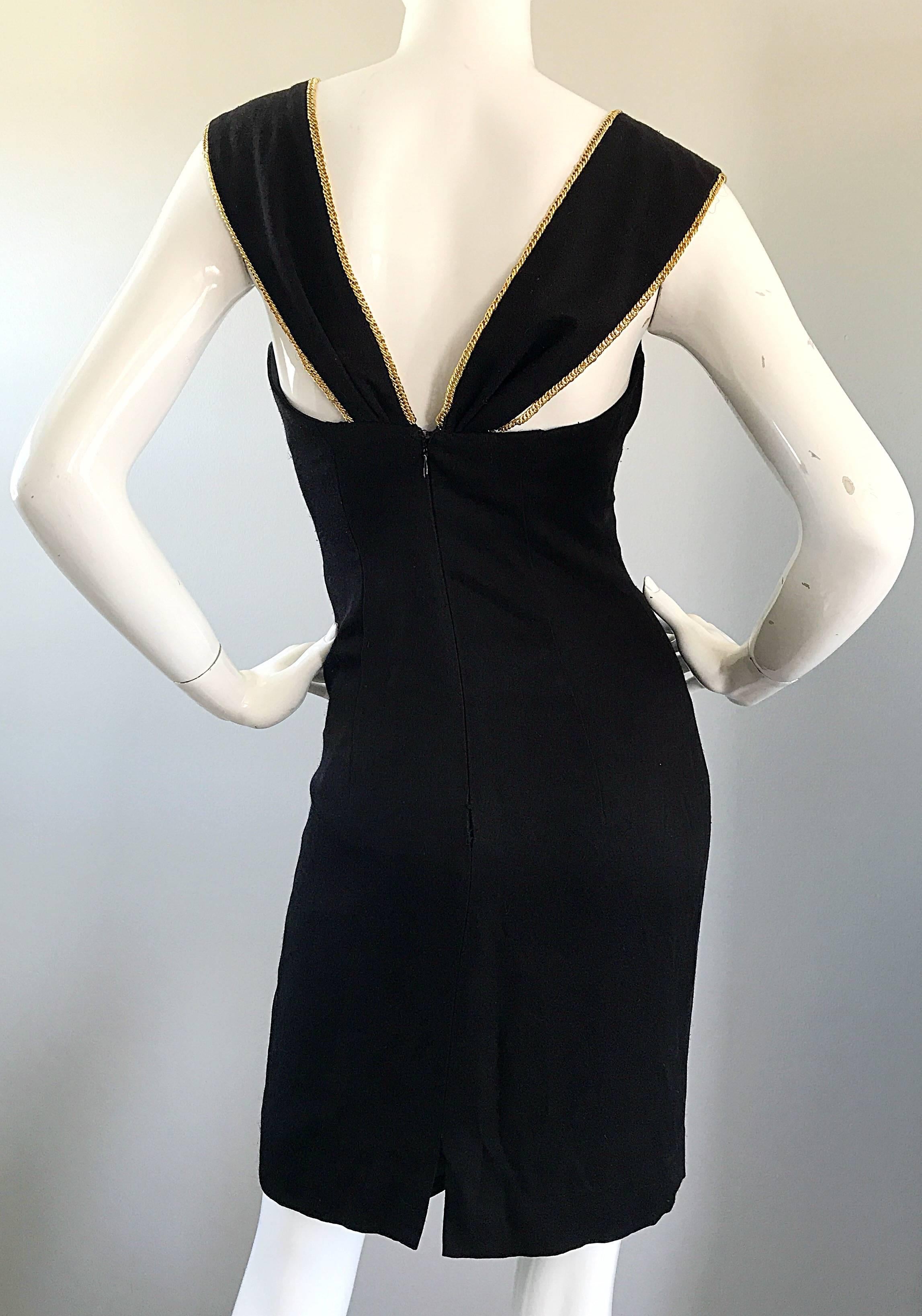 1990s Huey Waltzer Sexy Black + Gold Chain Bodycon Size 6 Vintage 90s Dress In Excellent Condition In San Diego, CA