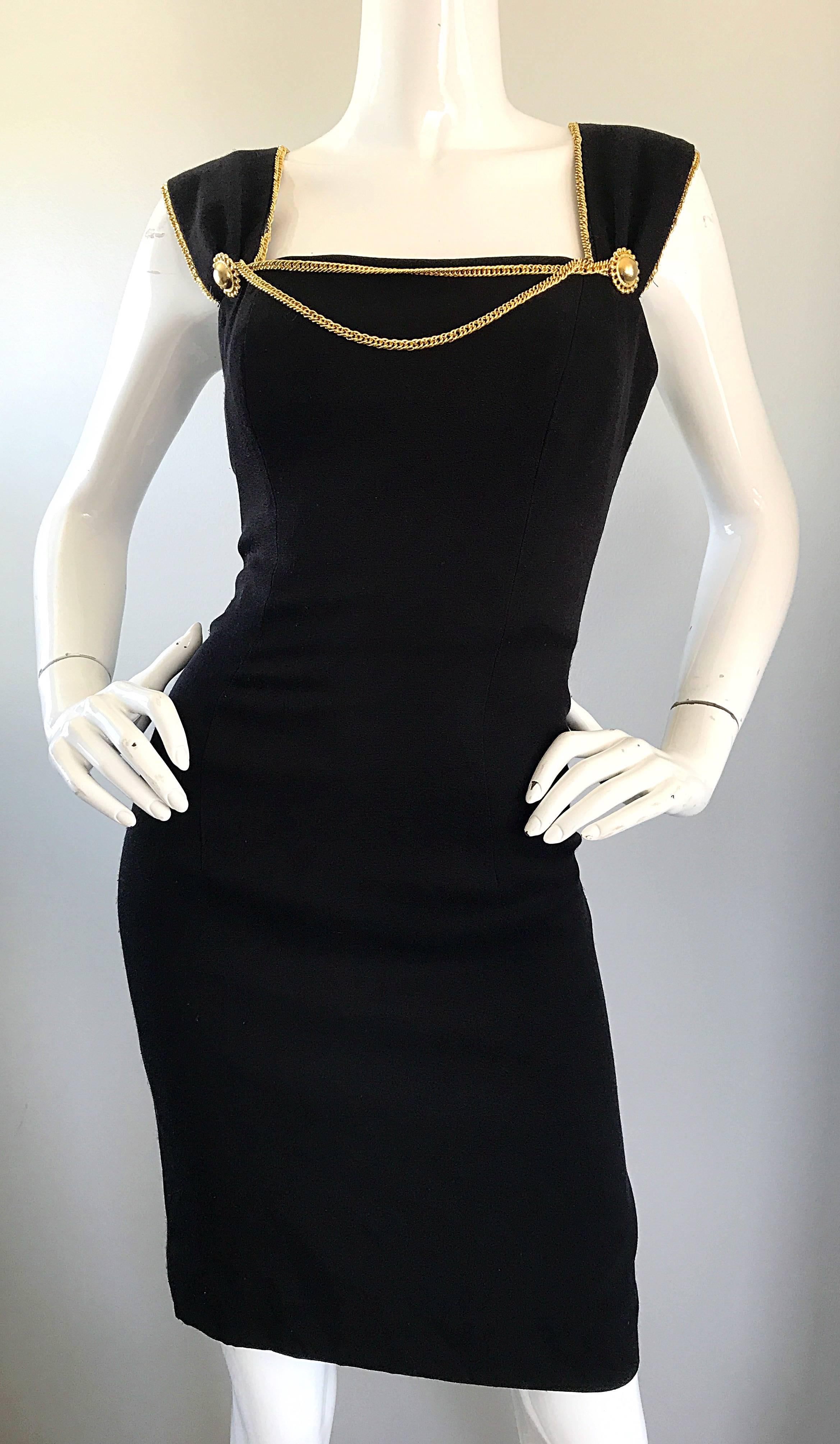 1990s Huey Waltzer Sexy Black + Gold Chain Bodycon Size 6 Vintage 90s Dress 1