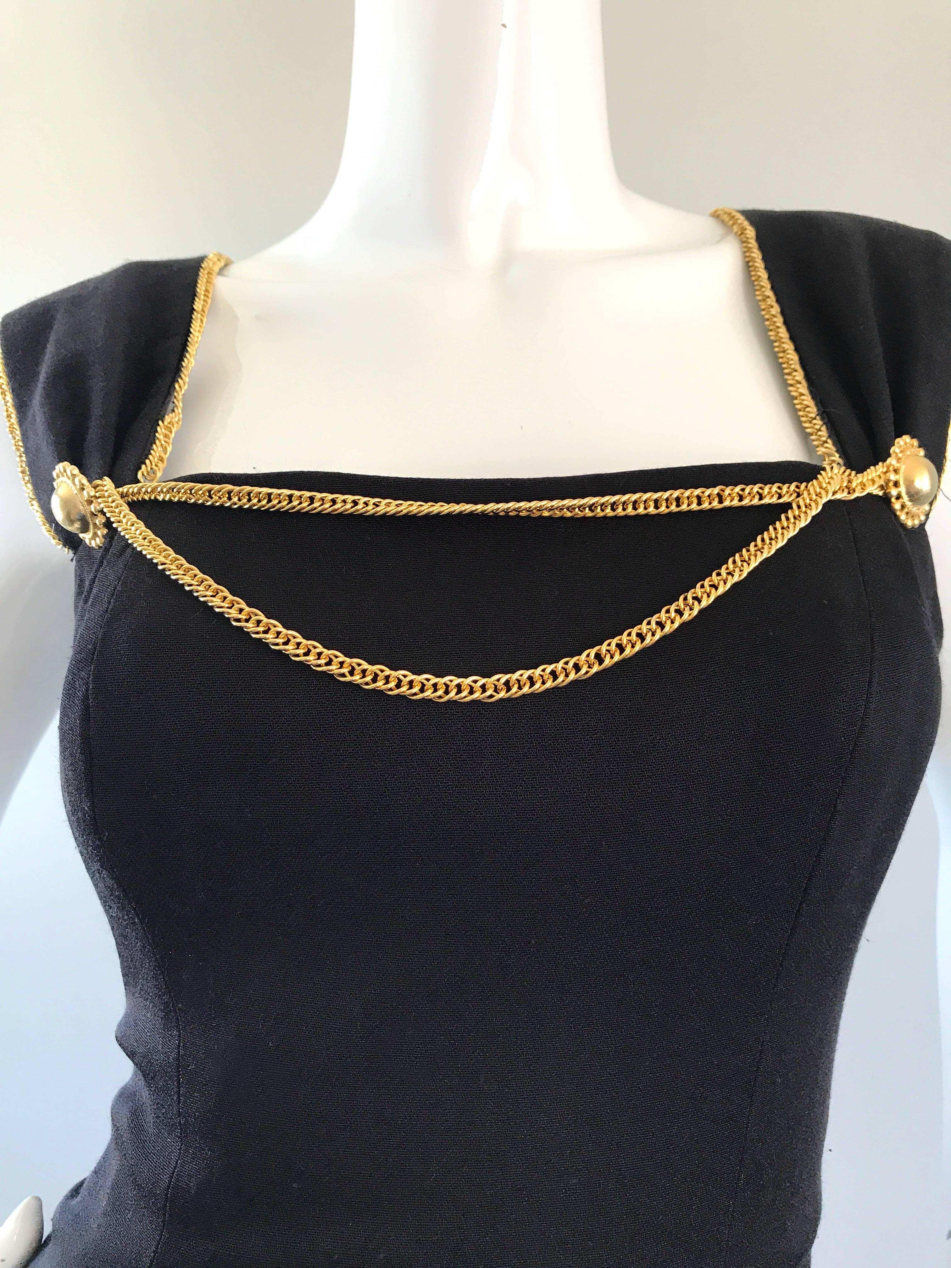 1990s Huey Waltzer Sexy Black + Gold Chain Bodycon Size 6 Vintage 90s Dress 2