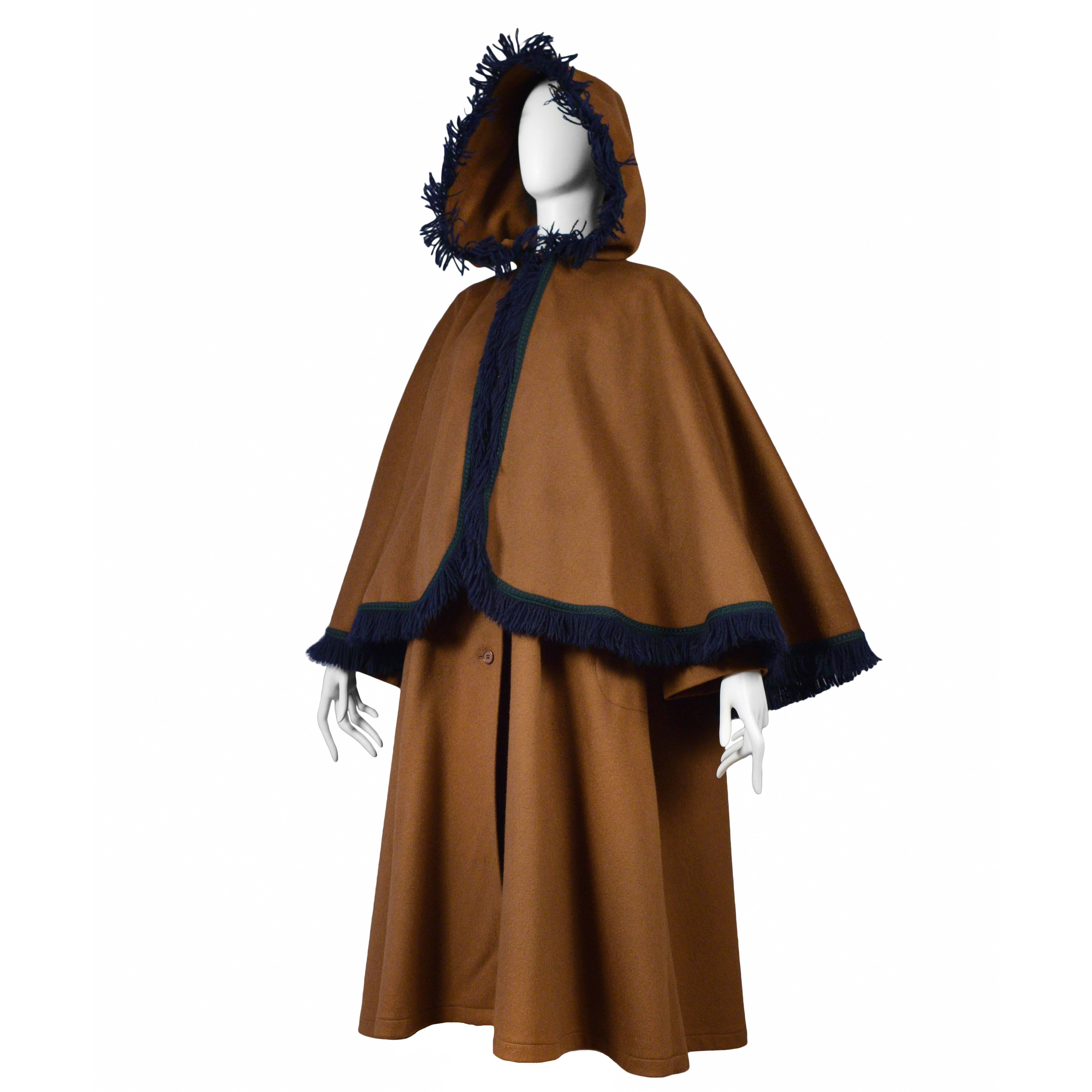 Yves Saint Laurent YSL Caramel Brown Wool Cape Coat with Hood and Fringe 