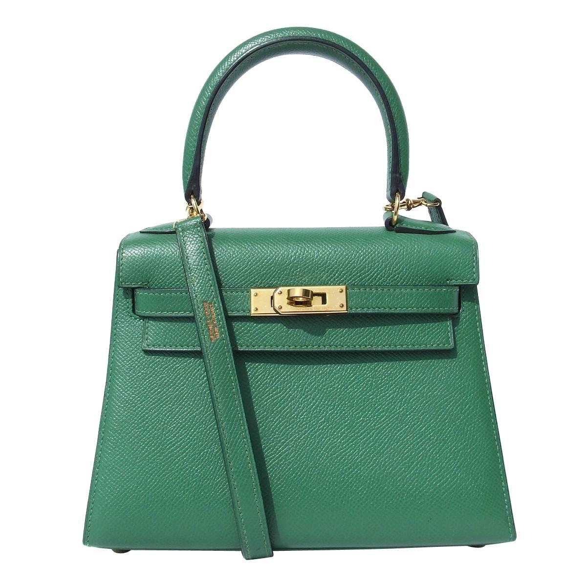Rare Hermes Mini Kelly 20 cm Sellier Bag Green Courchevel Leather GHW 