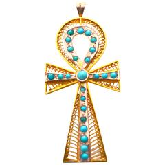 1920s 18K gold turquoise Ankh Brooch /Pendant 