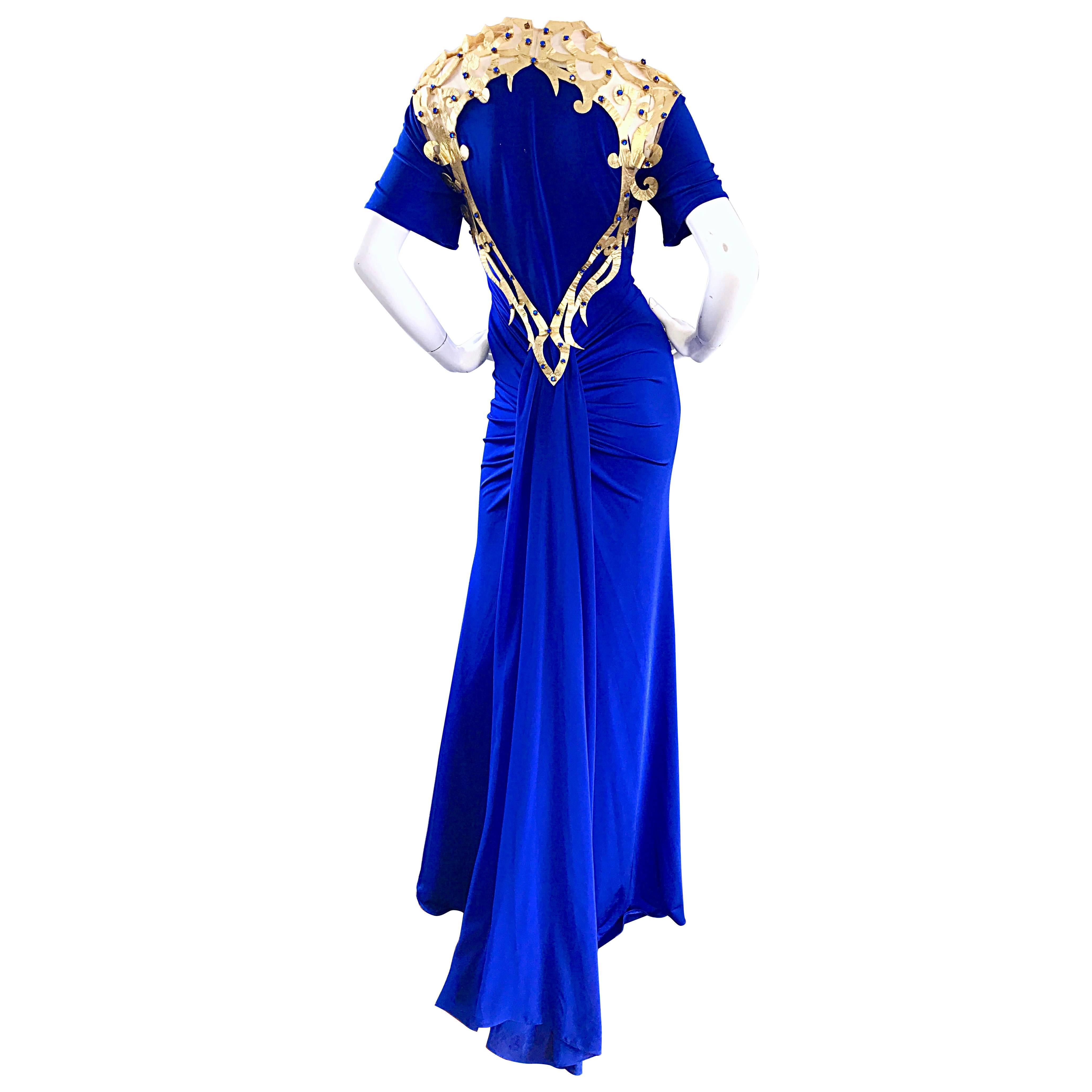 Incredible Vintage Royal Blue Jersey + Gold Leather Beaded Grecian Evening Gown