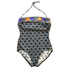 Vintage Yves Saint Laurent Geometric Tribal Lily Pad Grey Black Swim Suit, 1980s 
