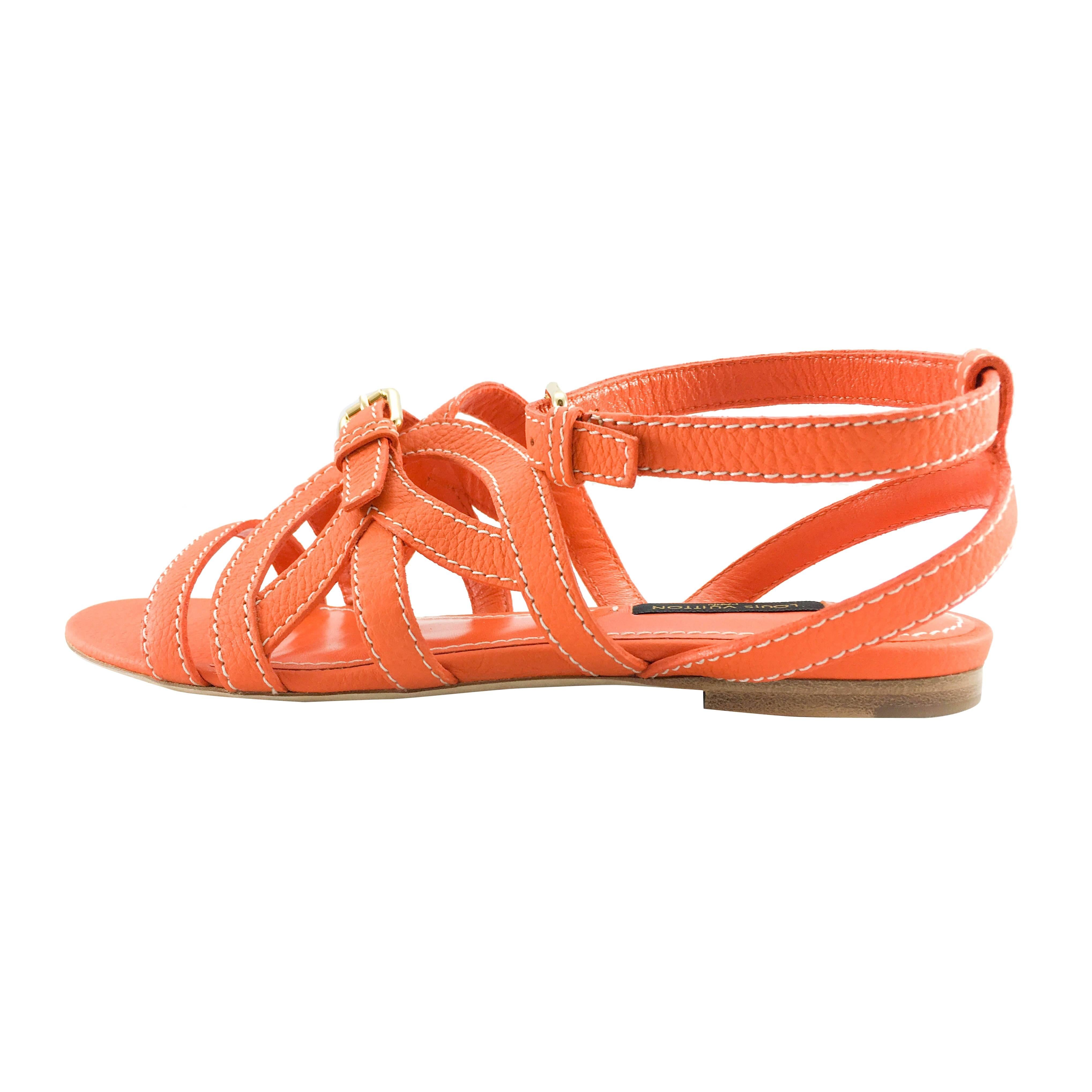 Louis Vuitton Orange Leather Flat Sandals For Sale