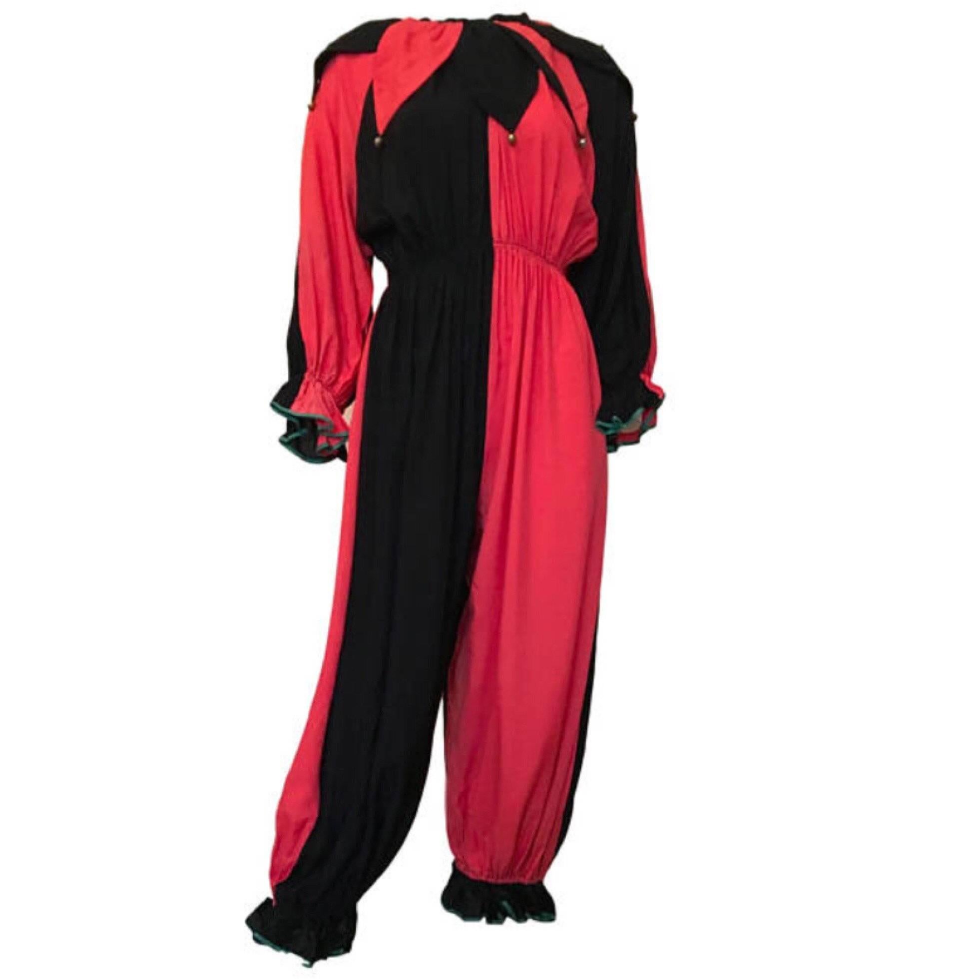 Rare Antique Vintage 1920s 30s Harlequin Pierrot Costume Jumpsuit Black Pink Dec For Sale