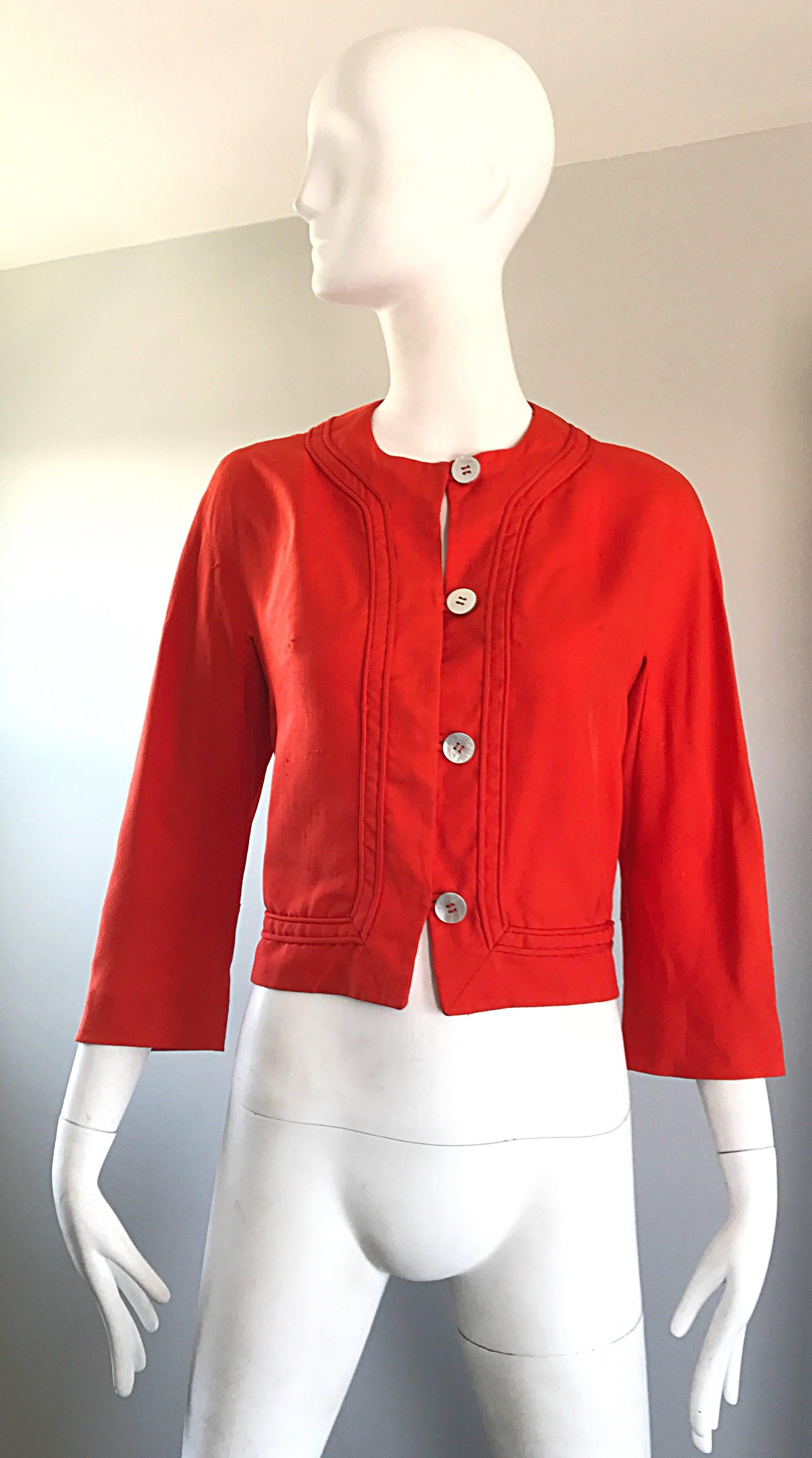 Rouge 1960s Abercrombie & Fitch Orange Linen Vintage 60s Cropped Jacket en vente