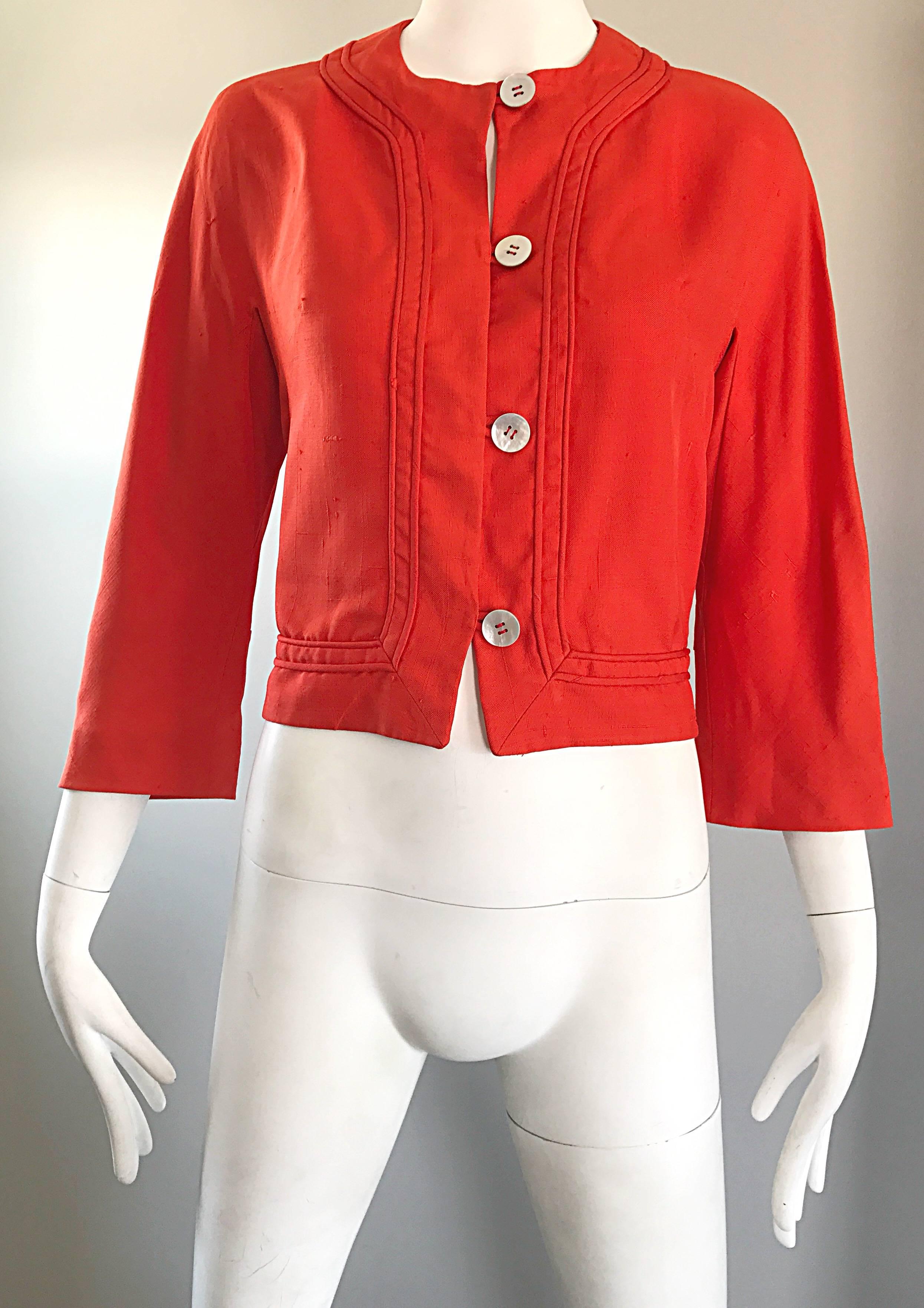 1960s Abercrombie & Fitch Orange Linen Vintage 60s Cropped Jacket Excellent état - En vente à San Diego, CA