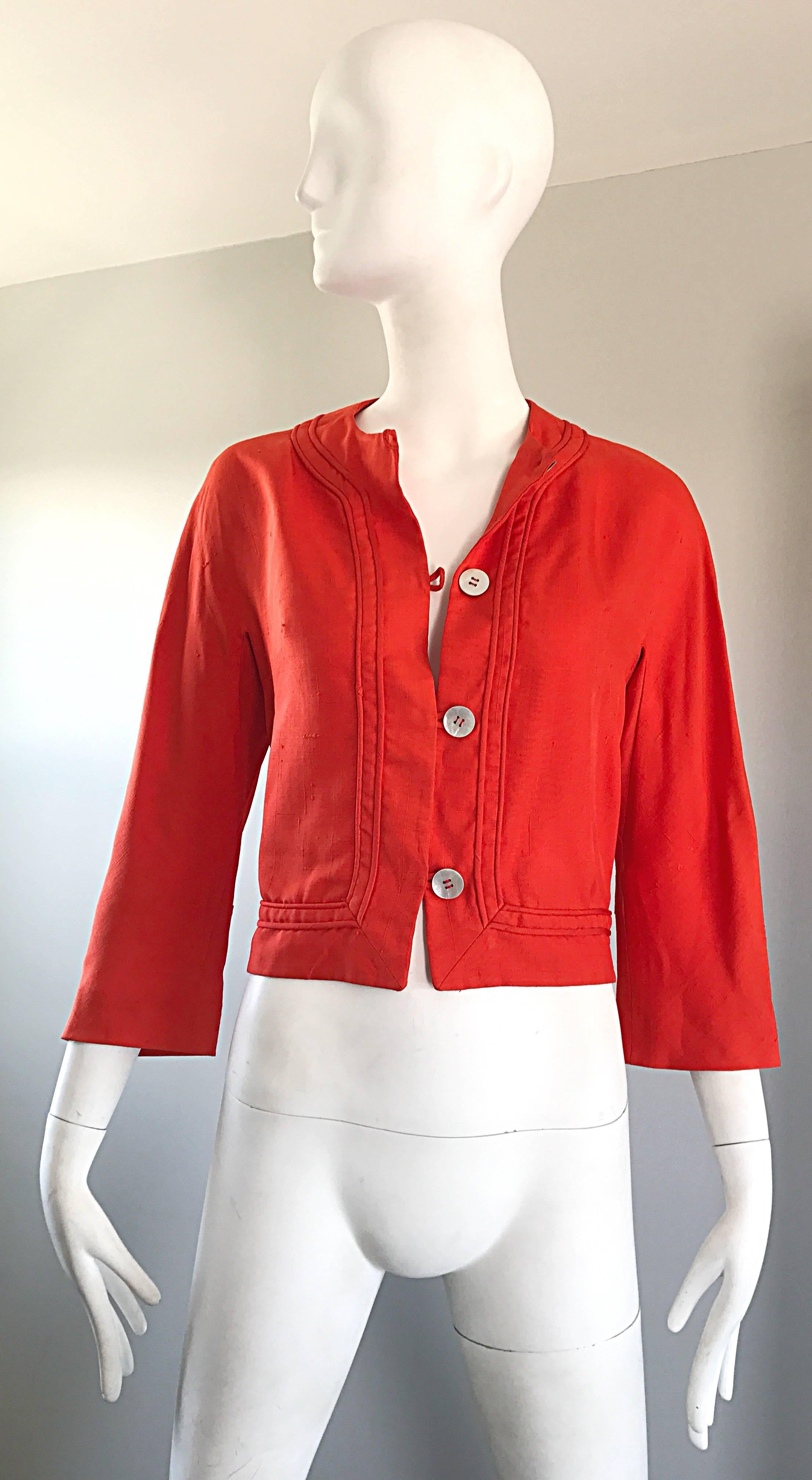 1960s Abercrombie & Fitch Orange Linen Vintage 60s Cropped Jacket Pour femmes en vente