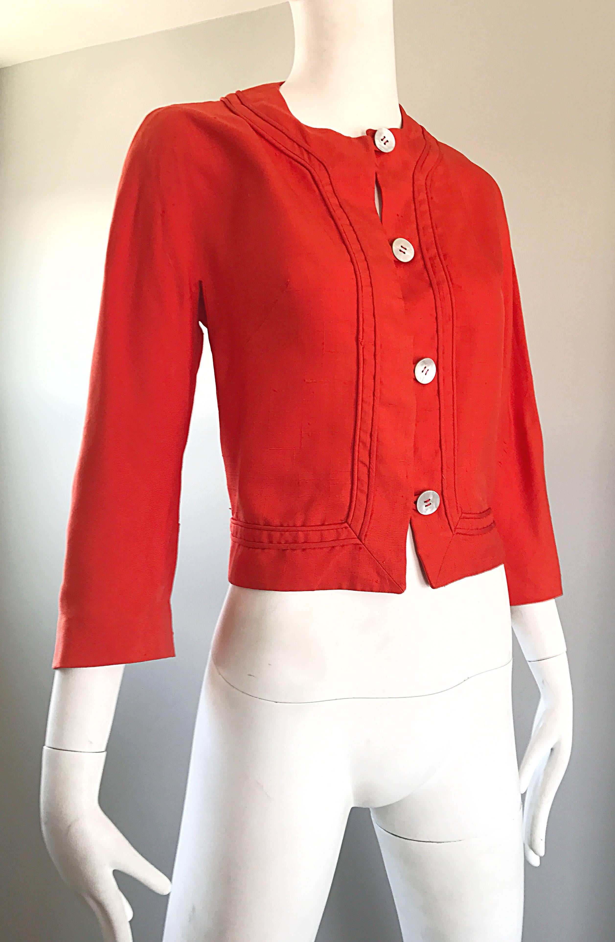 Red 1960s Abercrombie & Fitch Orange Linen Vintage 60s Cropped Jacket For Sale