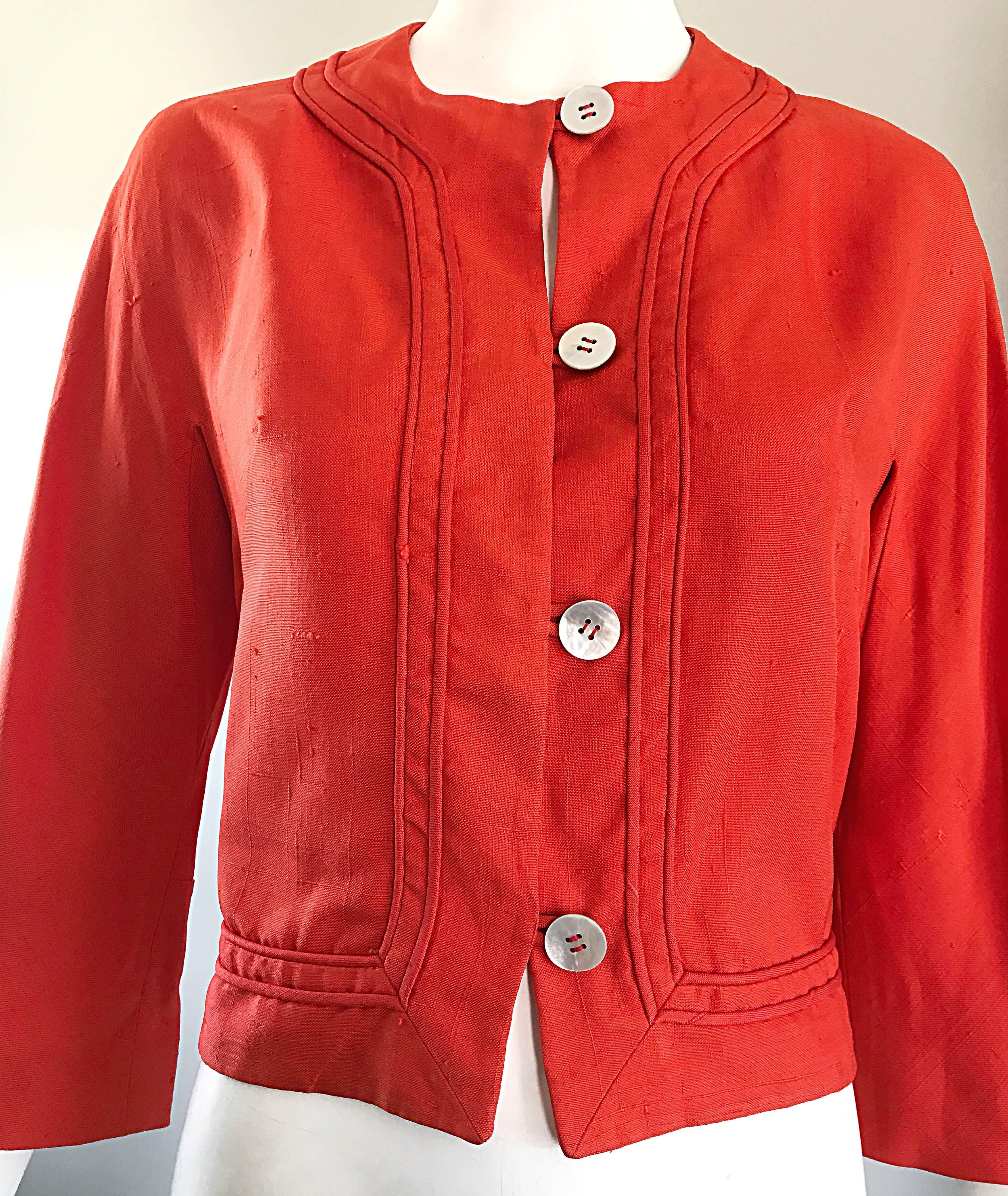 1960s Abercrombie & Fitch Orange Linen Vintage 60s Cropped Jacket For Sale 2