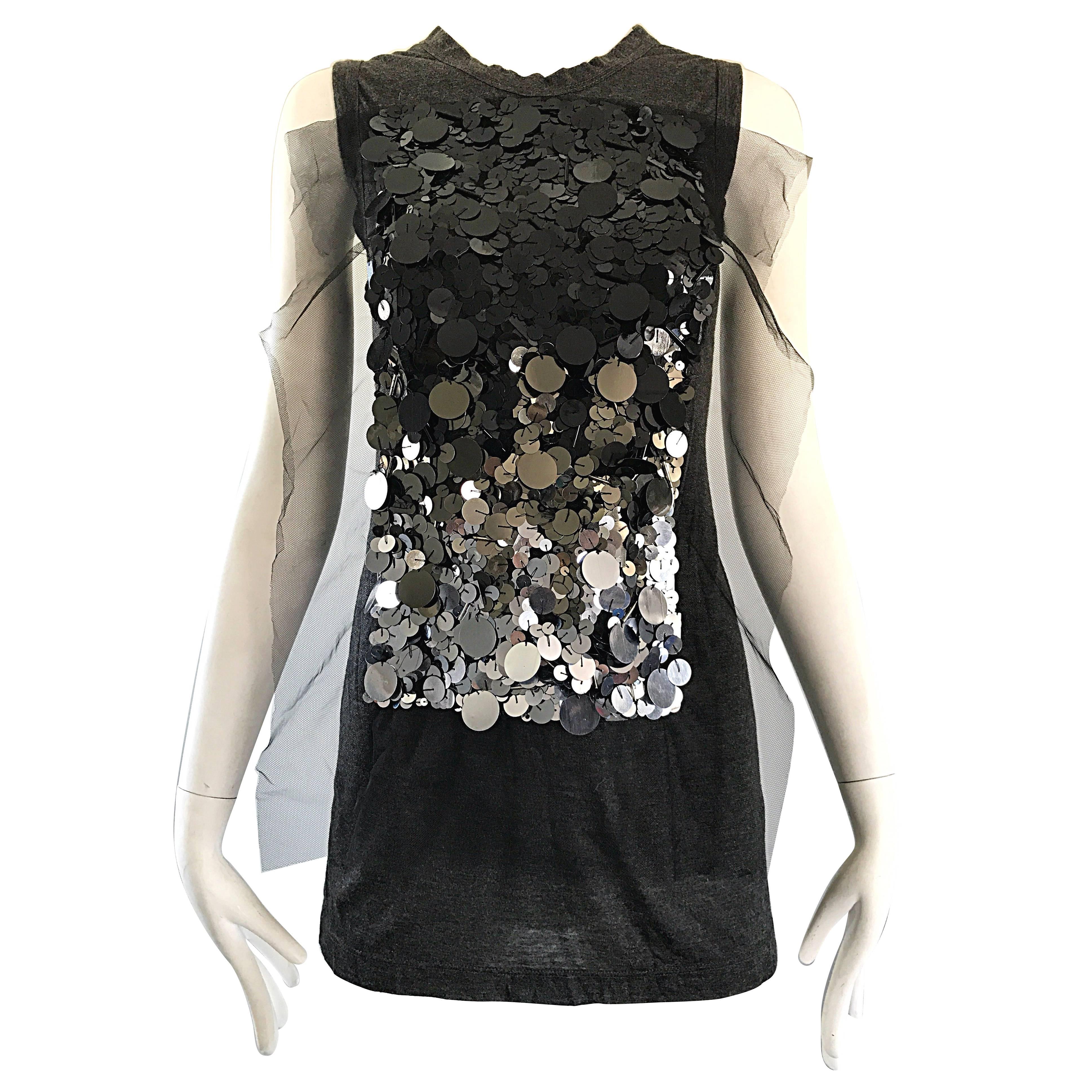 1990s Vera Wang Charcoal Gray Paillettes Tulle Sleeveless Vintage Blouse Top For Sale