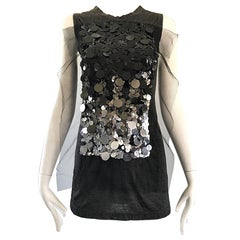 1990s Vera Wang Charcoal Gray Paillettes Tulle Sleeveless Retro Blouse Top