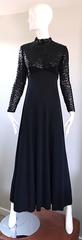 Amazing 1970s Black Sequin Long Sleeve High Neck Vintage 70s Jersey Evening Gown