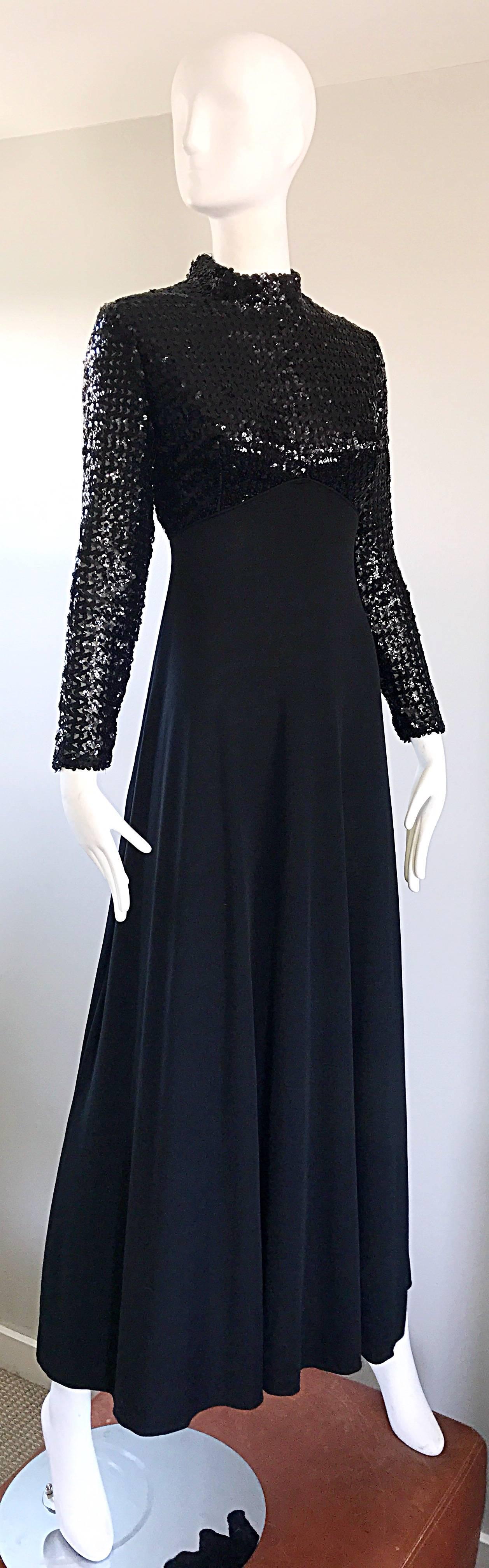 Amazing 1970s Black Sequin Long Sleeve High Neck Vintage 70s Jersey Evening Gown In Excellent Condition In San Diego, CA