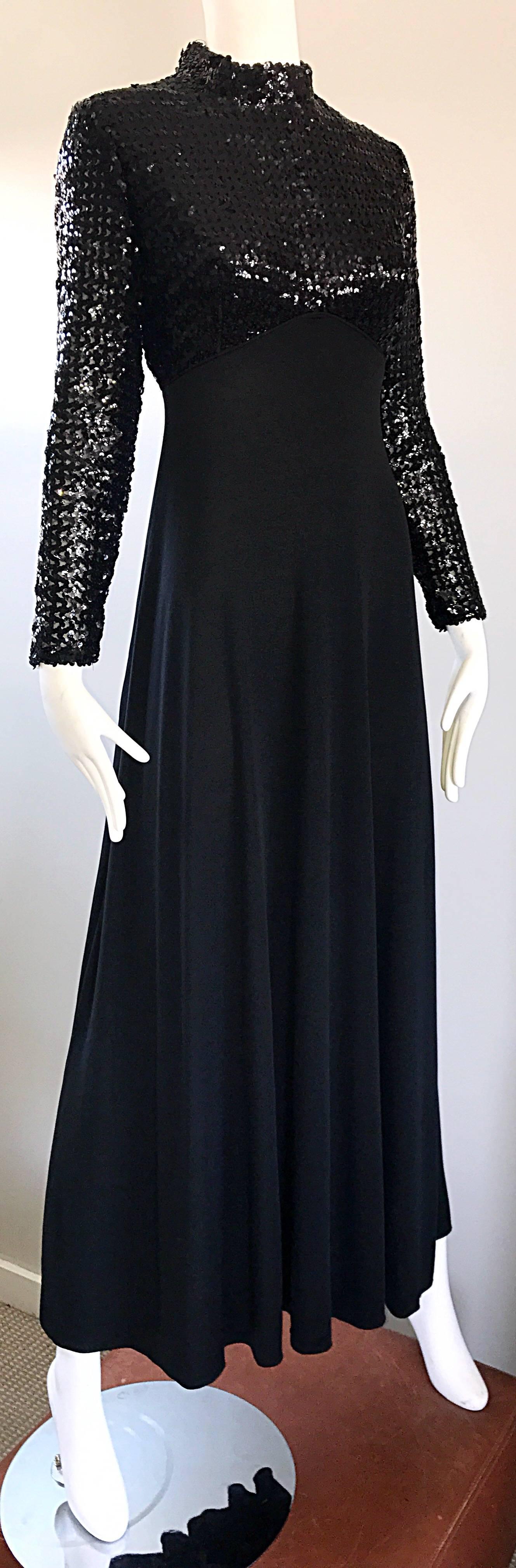 Women's Amazing 1970s Black Sequin Long Sleeve High Neck Vintage 70s Jersey Evening Gown