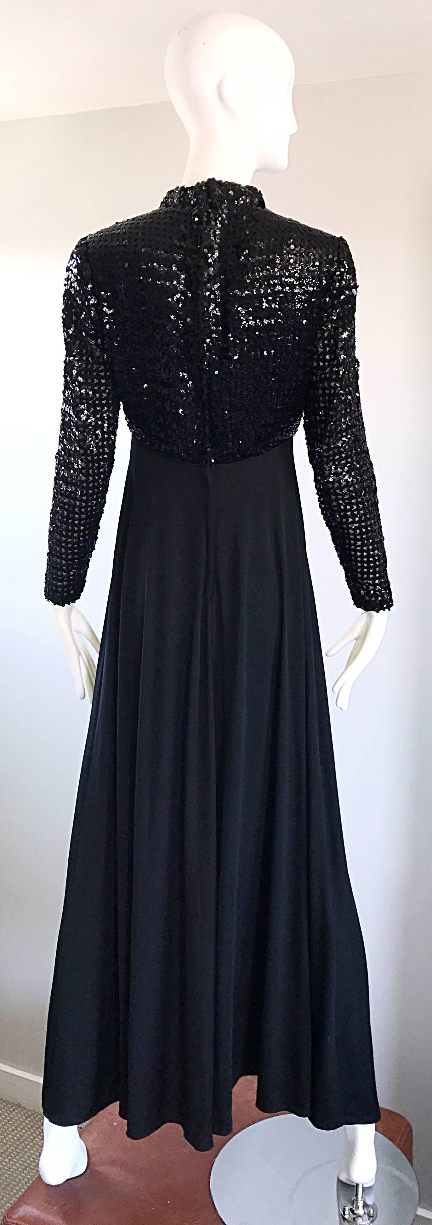 Amazing 1970s Black Sequin Long Sleeve High Neck Vintage 70s Jersey Evening Gown 1