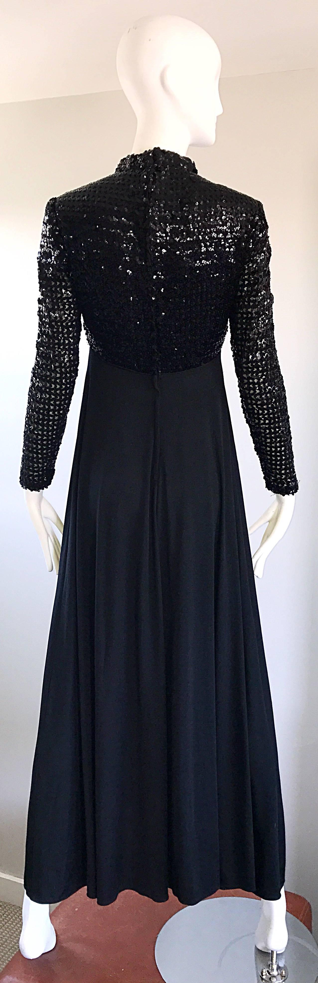 Amazing 1970s Black Sequin Long Sleeve High Neck Vintage 70s Jersey Evening Gown 2