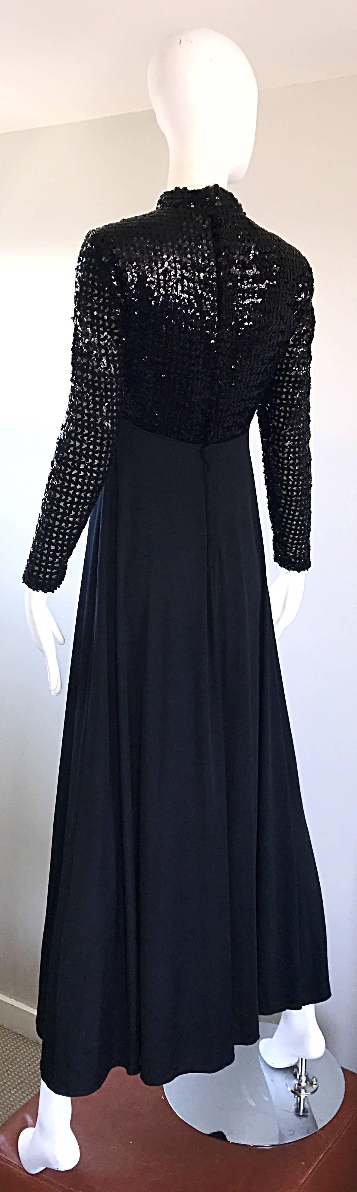 Amazing 1970s Black Sequin Long Sleeve High Neck Vintage 70s Jersey Evening Gown 3