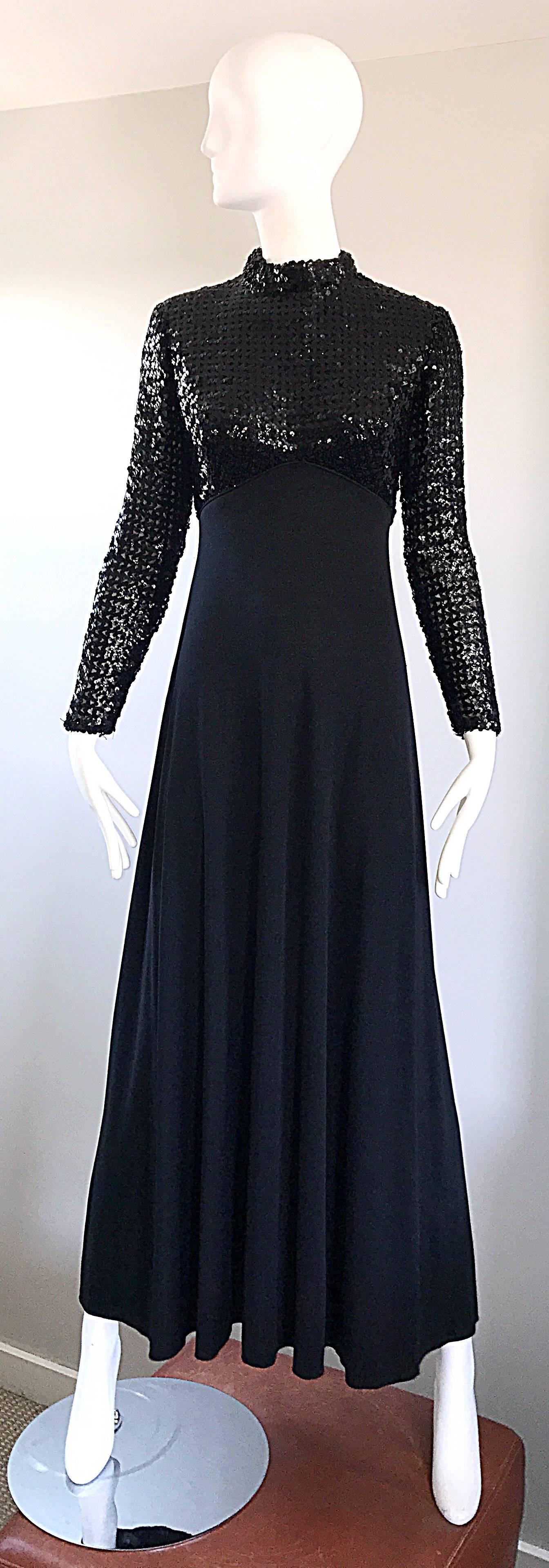 Amazing 1970s Black Sequin Long Sleeve High Neck Vintage 70s Jersey Evening Gown 4