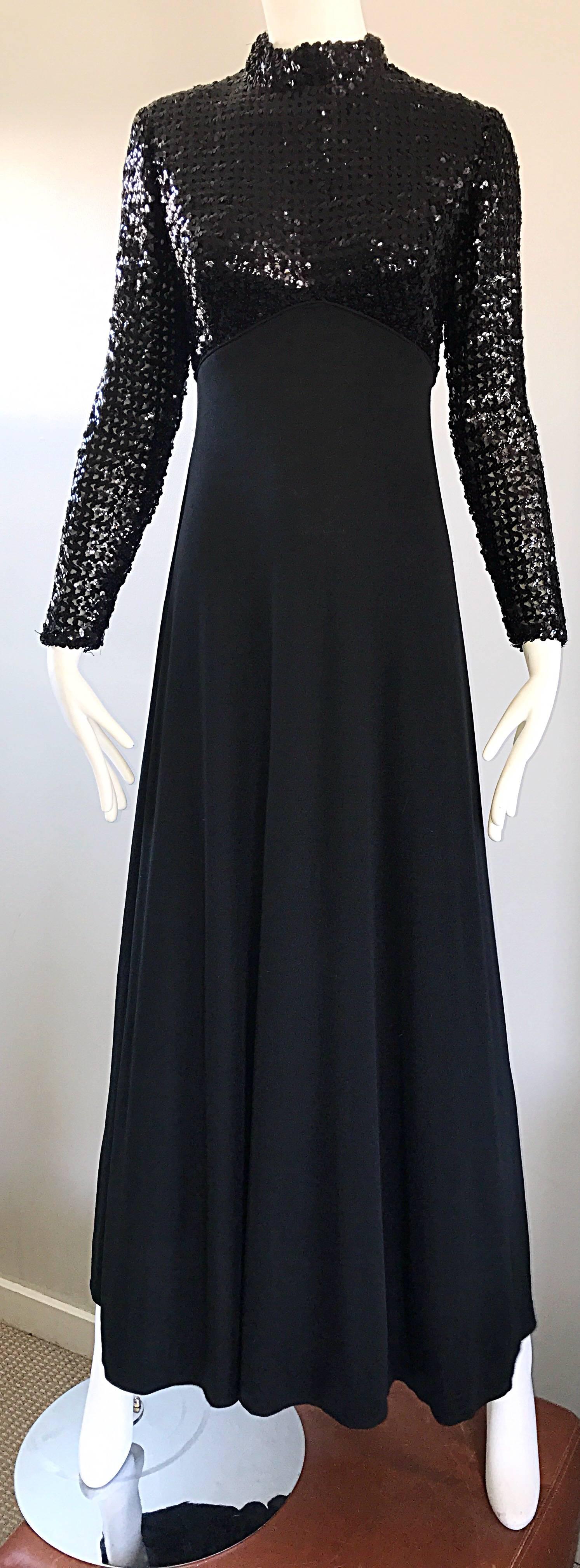Amazing 1970s Black Sequin Long Sleeve High Neck Vintage 70s Jersey Evening Gown 5