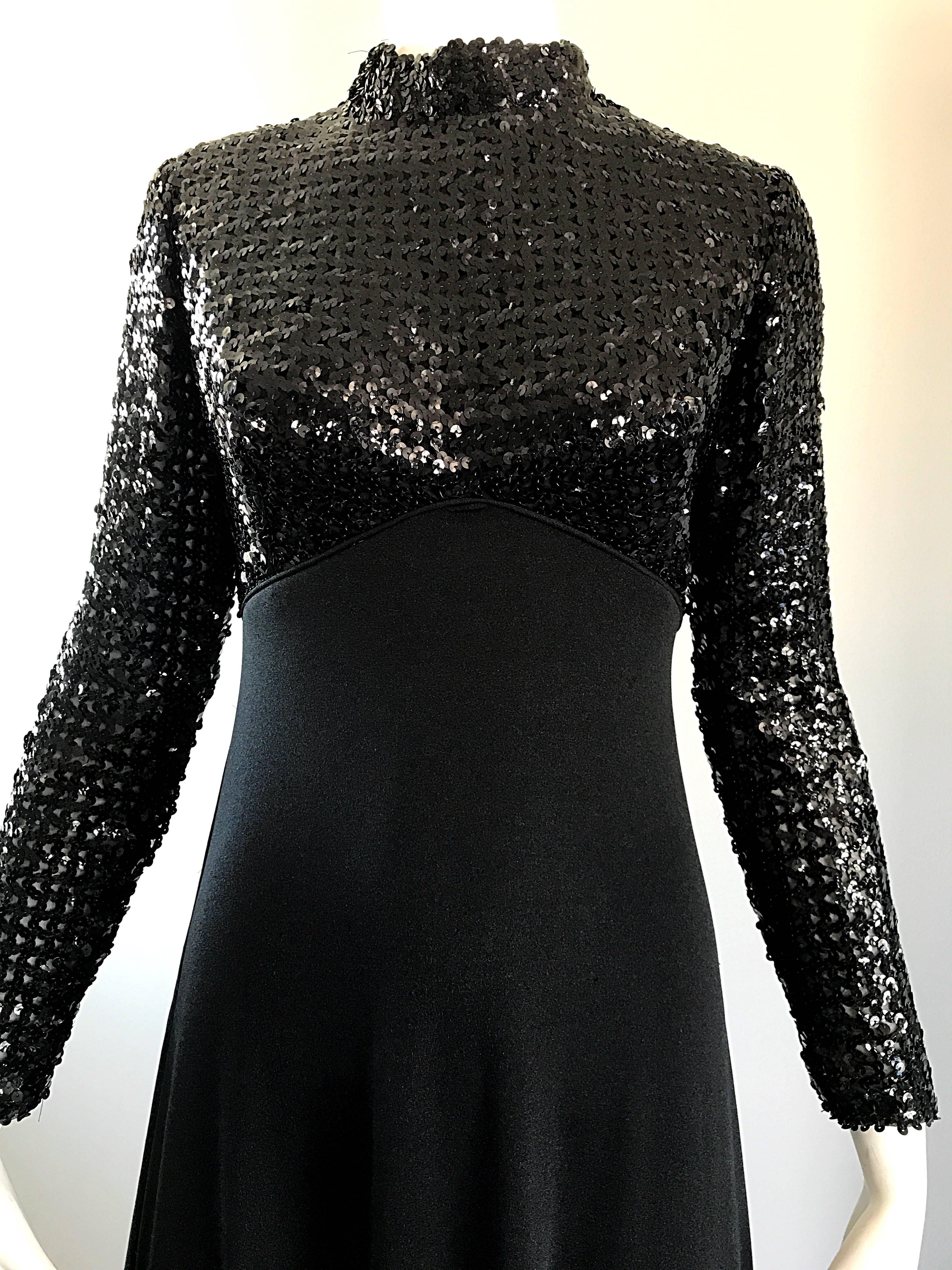 Amazing 1970s Black Sequin Long Sleeve High Neck Vintage 70s Jersey Evening Gown 6