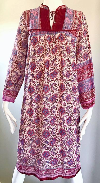 Chic 1970s Pink Purple Paisley and Flowers Ethnic Boho Hippie Vintage ...