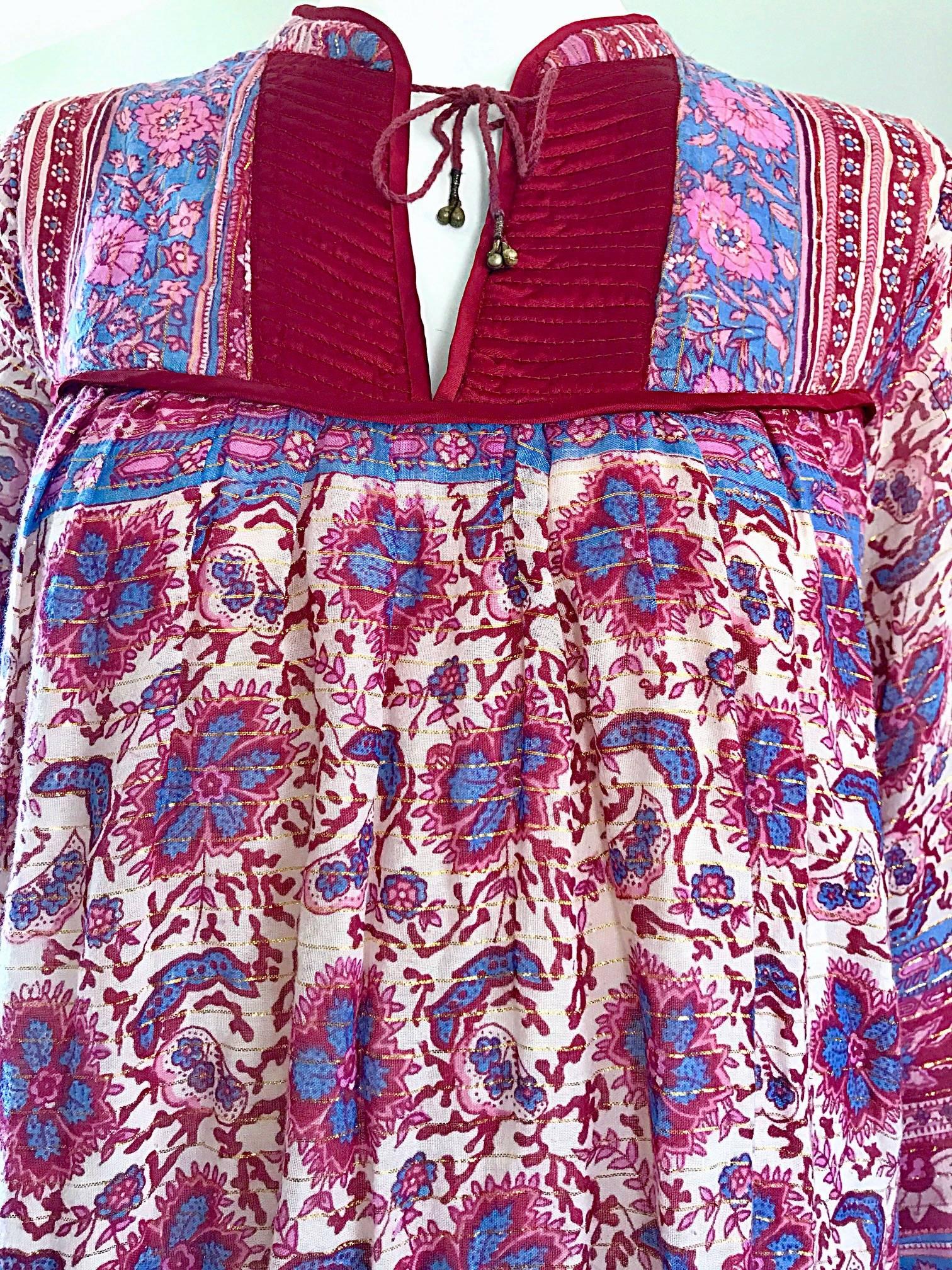 Chic 1970s Pink Purple Paisley and Flowers Ethnic Boho Hippie Vintage 70s Dress In Excellent Condition In San Diego, CA