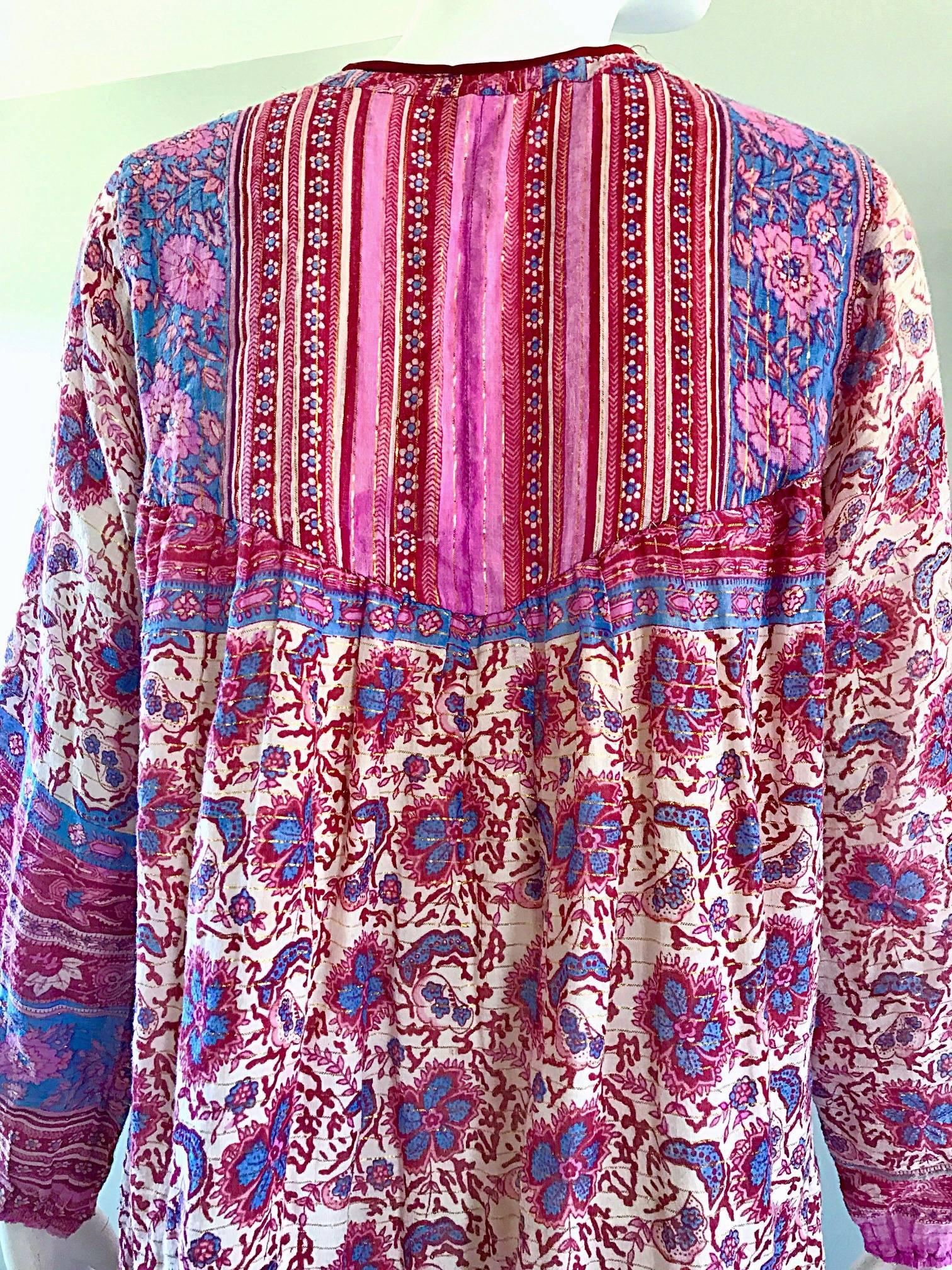 Women's Chic 1970s Pink Purple Paisley and Flowers Ethnic Boho Hippie Vintage 70s Dress