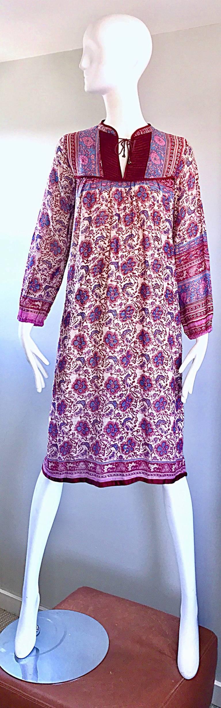Chic 1970s Pink Purple Paisley and Flowers Ethnic Boho Hippie Vintage 70s Dress 1