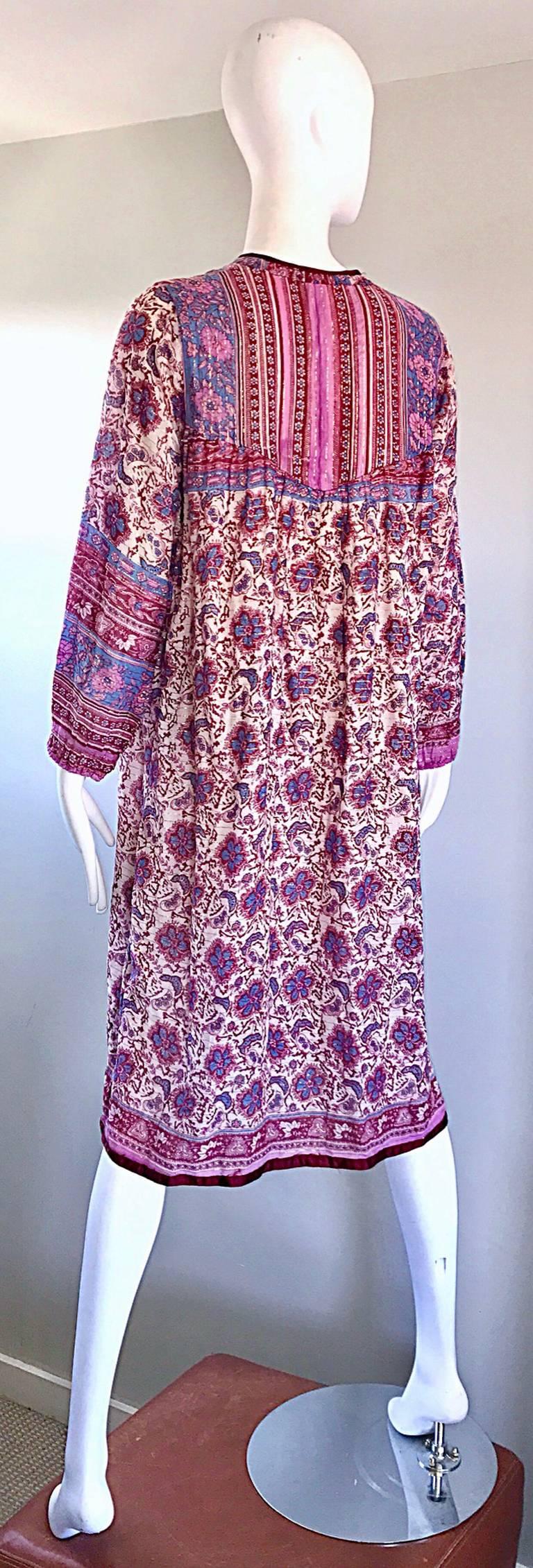 Chic 1970s Pink Purple Paisley and Flowers Ethnic Boho Hippie Vintage 70s Dress 3