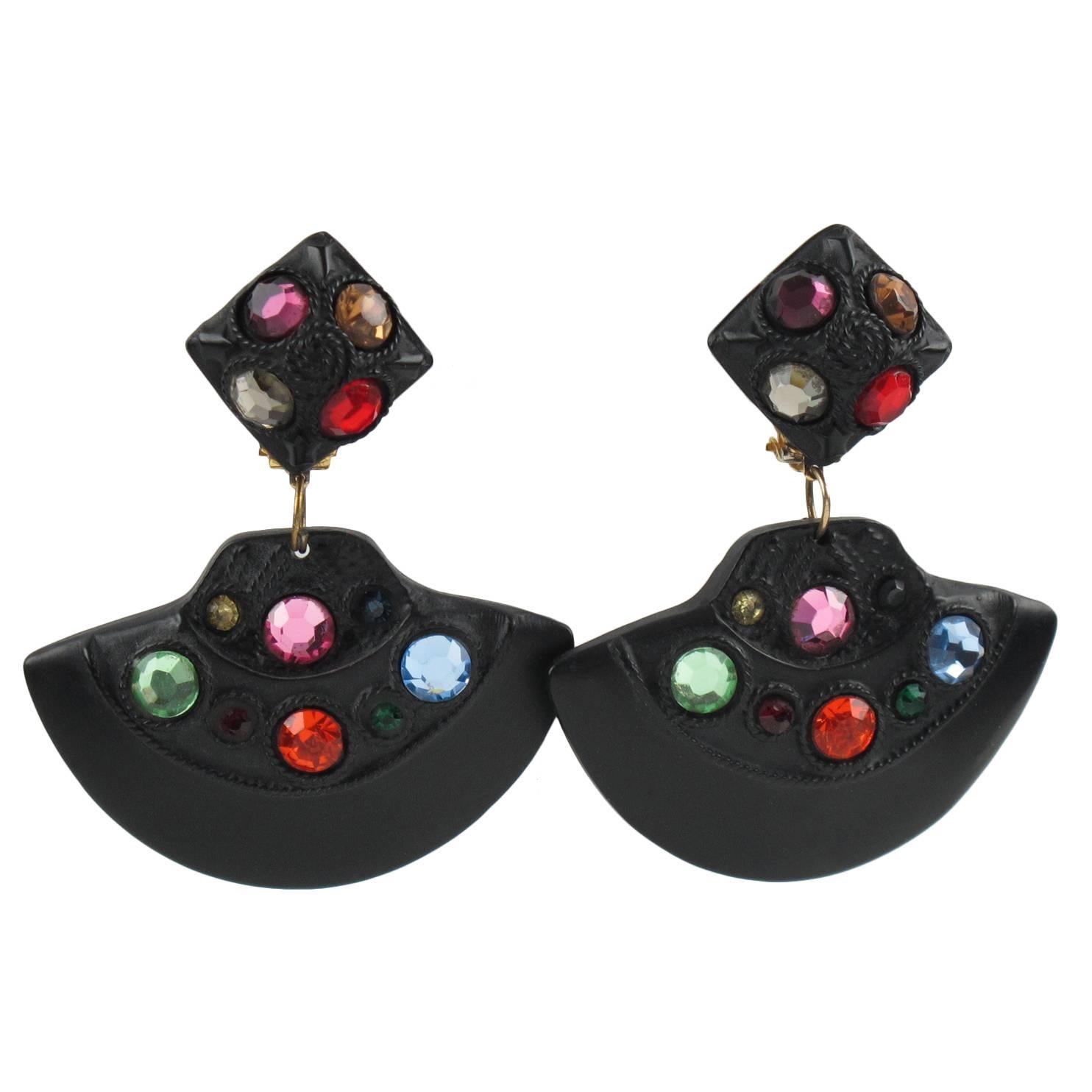 Kalinger Paris Signed Clip Earrings Dangle Black Resin Multicolor Rhinestones
