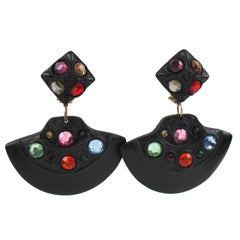 Retro Kalinger Paris Signed Clip Earrings Dangle Black Resin Multicolor Rhinestones