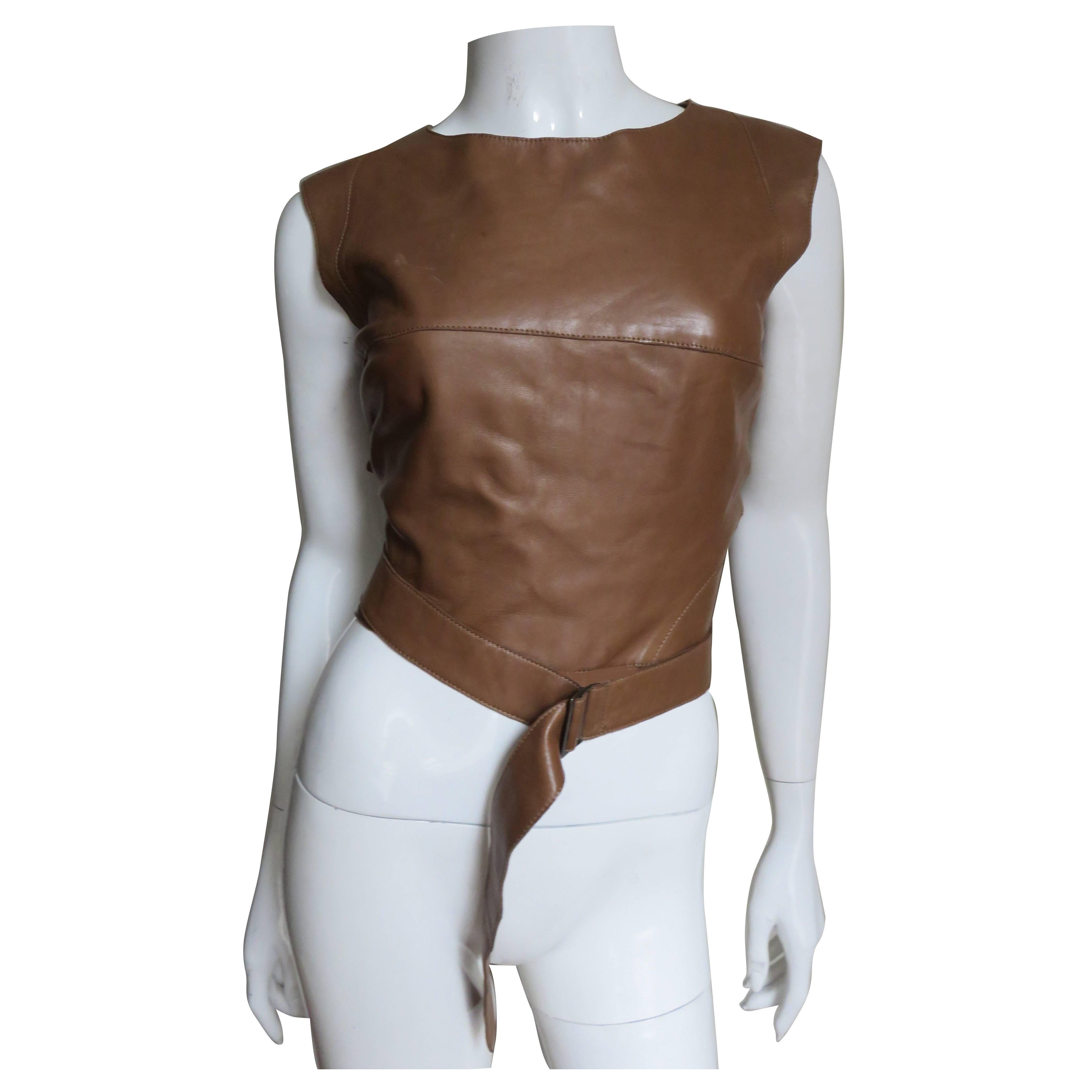 1990s Kenzo Leather Top With Wrap Belt and Cutout Back