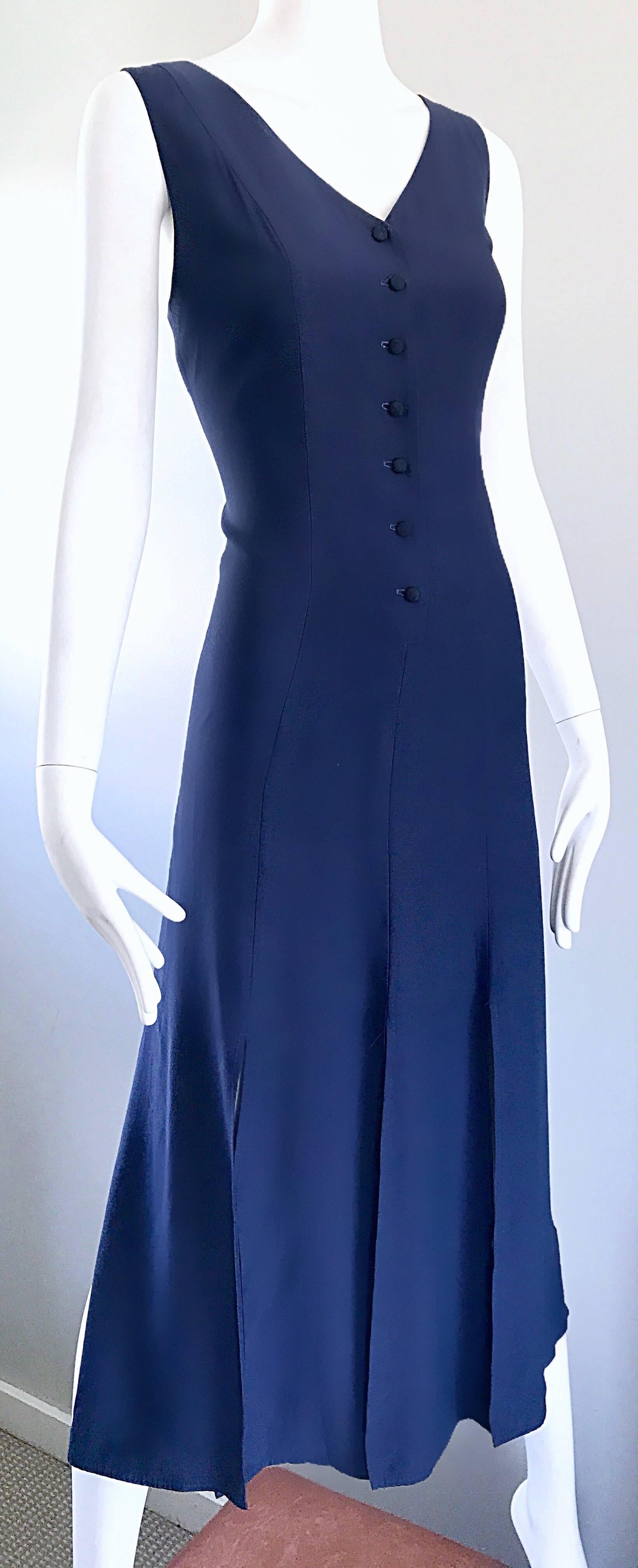 Geoffrey Beene Vintage Navy Blue Carwash Hem Sleeveless Midi Dress In Excellent Condition In San Diego, CA