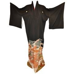 Black Silk "Ocean Waves & Multi Cranes" Kimono 2