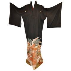 Black  Silk "Ocean Waves & Multi Cranes" Kimono