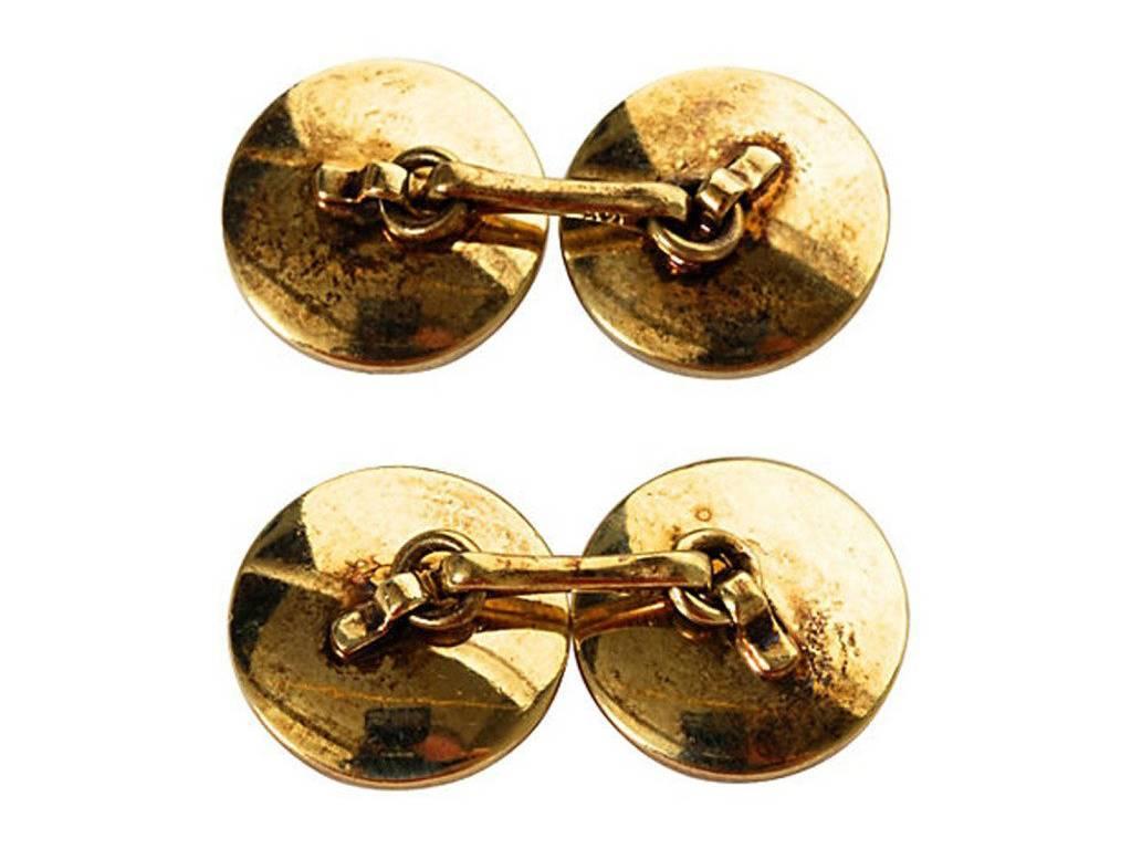 A beautiful pair of 14K yellow gold and reverse painted Essex Crystal nautical flag cufflinks. Essex crystal is a process where rock crystals are cut as a cabochon and carved on the flat side, then painted on the back to produce a three-dimensional