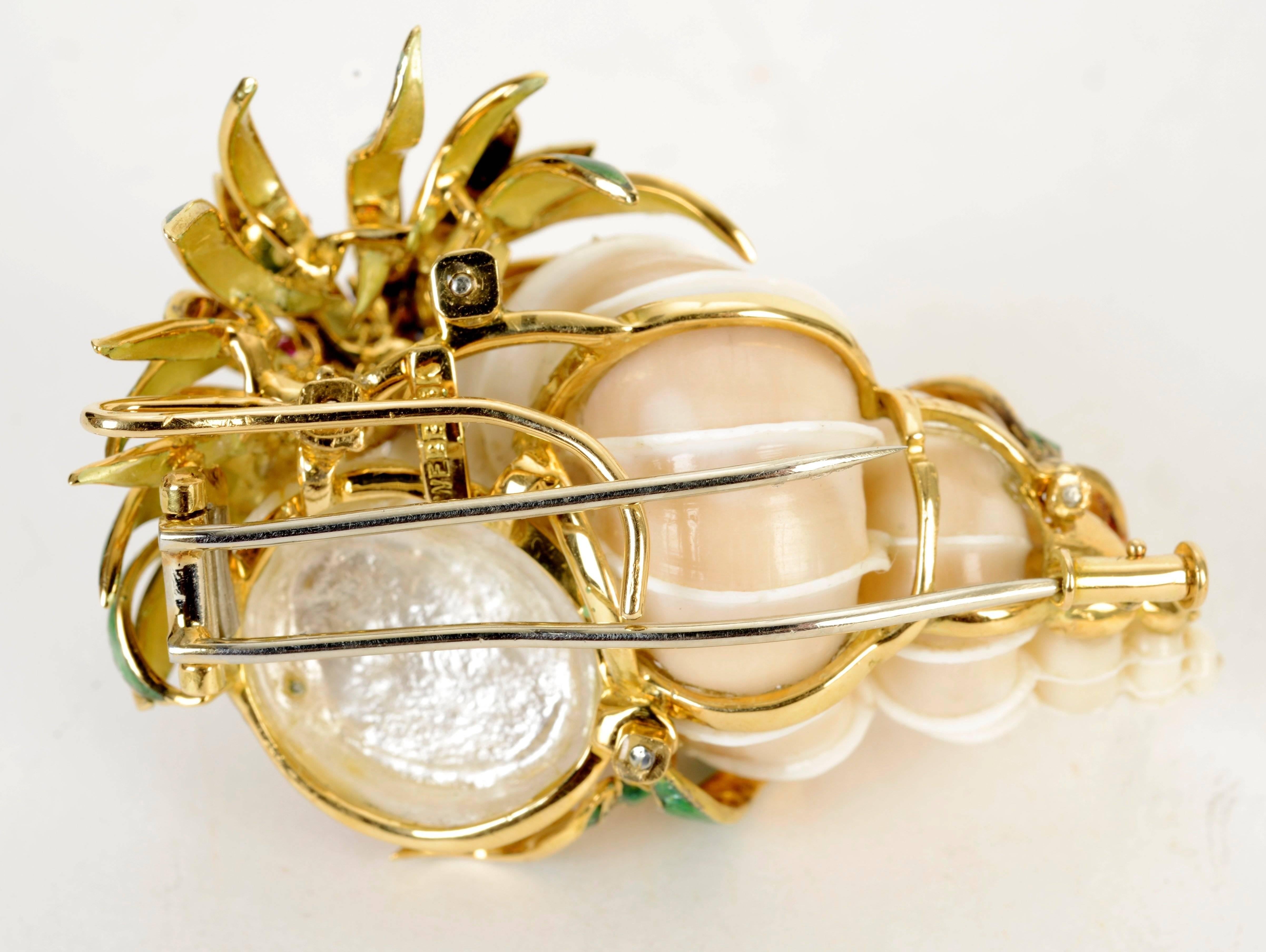 David Webb Rare Enameled Jeweled Gold Shell Brooch 2