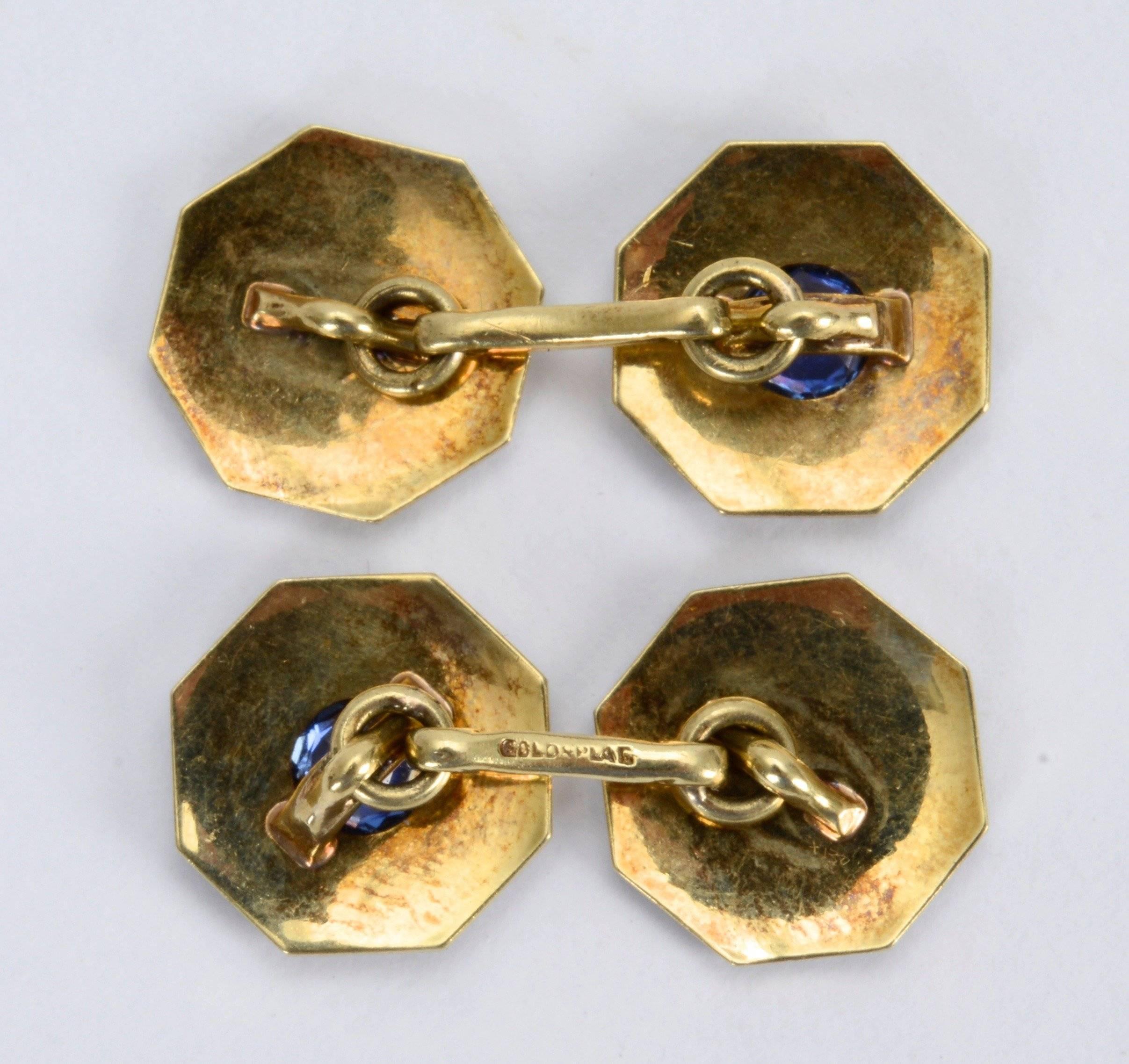 Blue Sapphire, Platinum and 18 Karat Yellow Gold Art Deco Cufflinks In Good Condition In valatie, NY