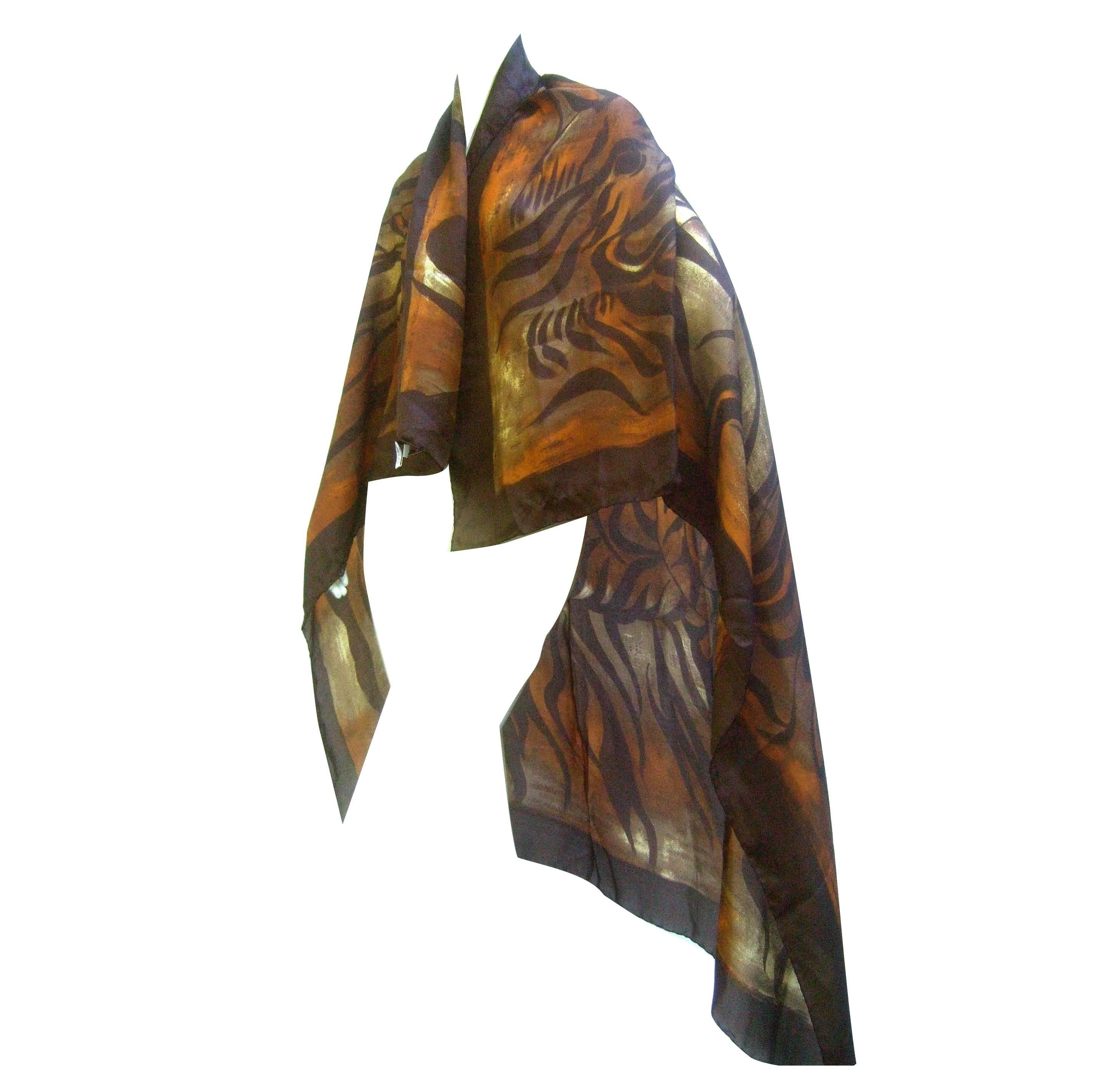 Saint Laurent Rive Gauche Massive silk jungle print shawl wrap 53" x 53" 
The exotic jungle print huge scale shawl - scarf is illustrated with 
a sinuous tiger lurking in a lush tropical background 

The luxurious shawl - scarf is a