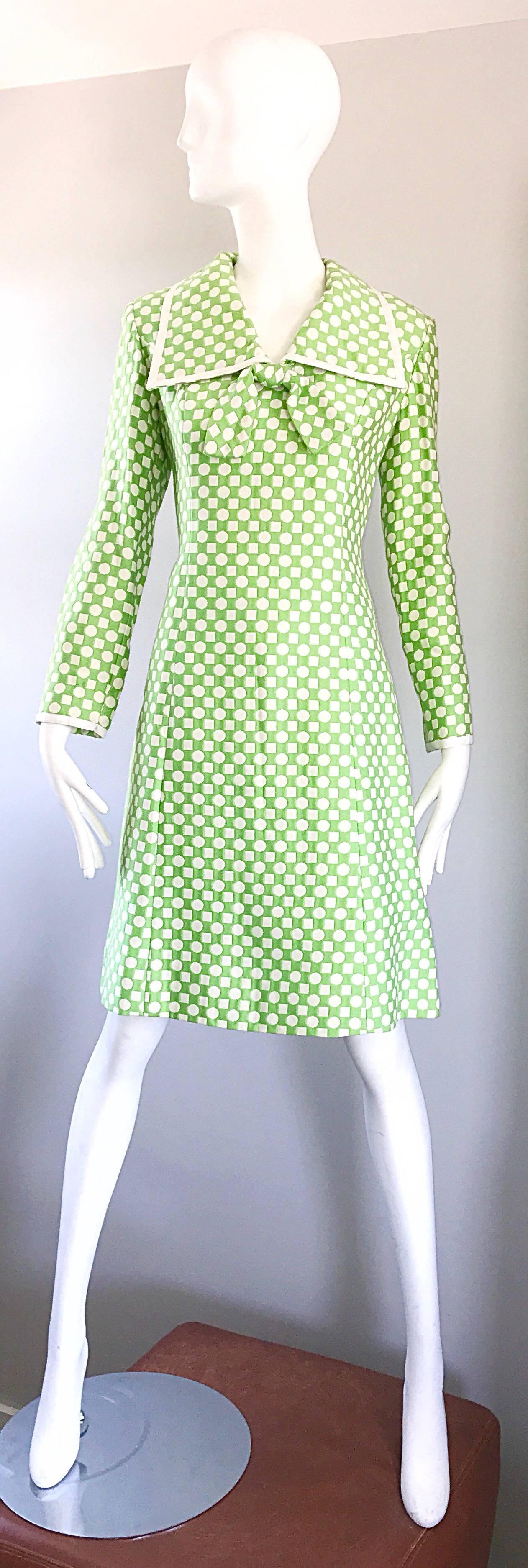 Chic mod 1960s GEOFFREY BEENE vintage green and white polka dot and square print long sleeve A-Line dress! Features a soft cotton knit, with sorbet color squares and white circles printed throughout. Nautical sailor collar with a pre-tied bow in the