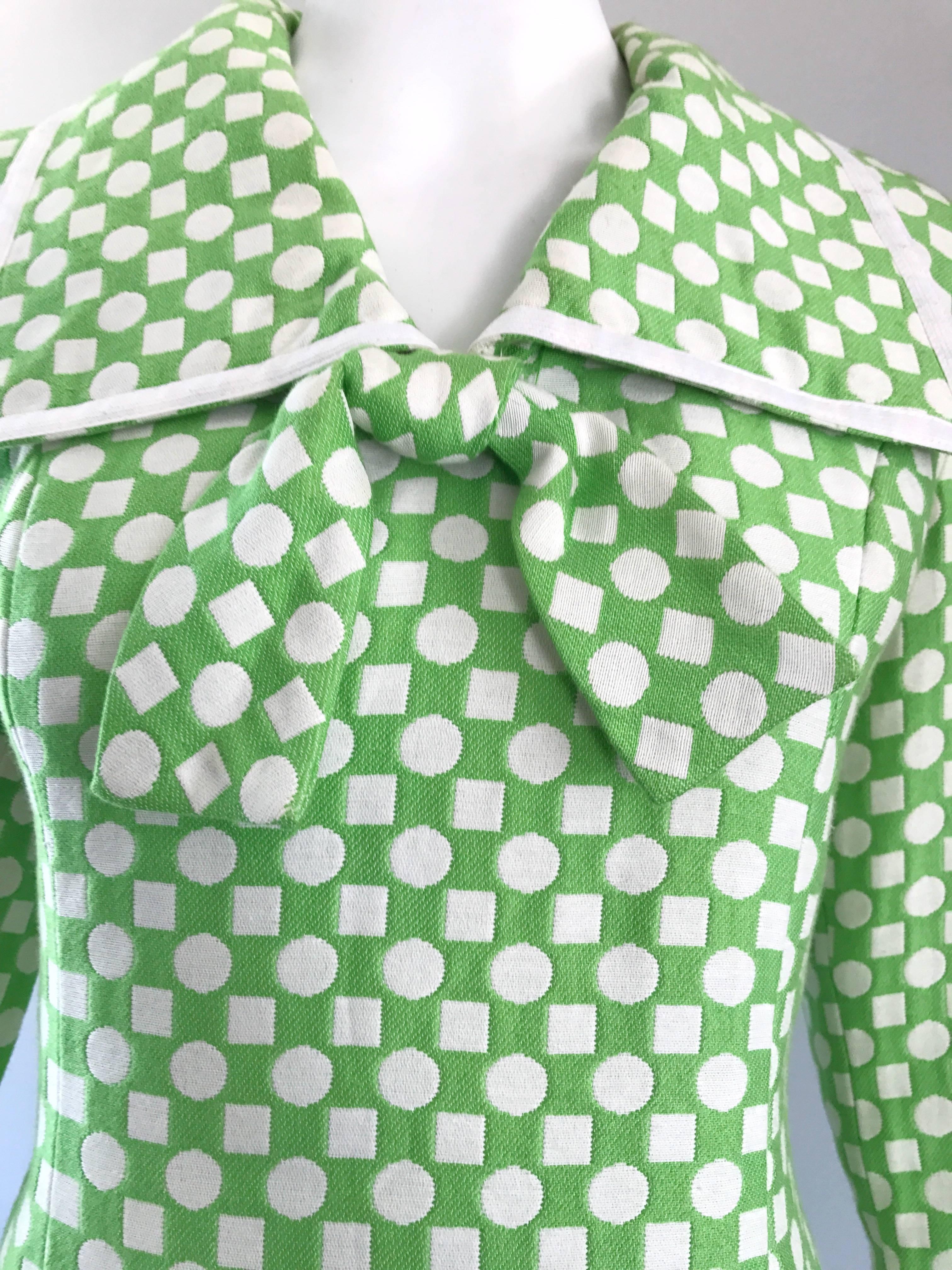 GEOFFREY BEENE 1960s Green White Polka Dot & Square Print Knit A Line 60s Dress In Excellent Condition In San Diego, CA