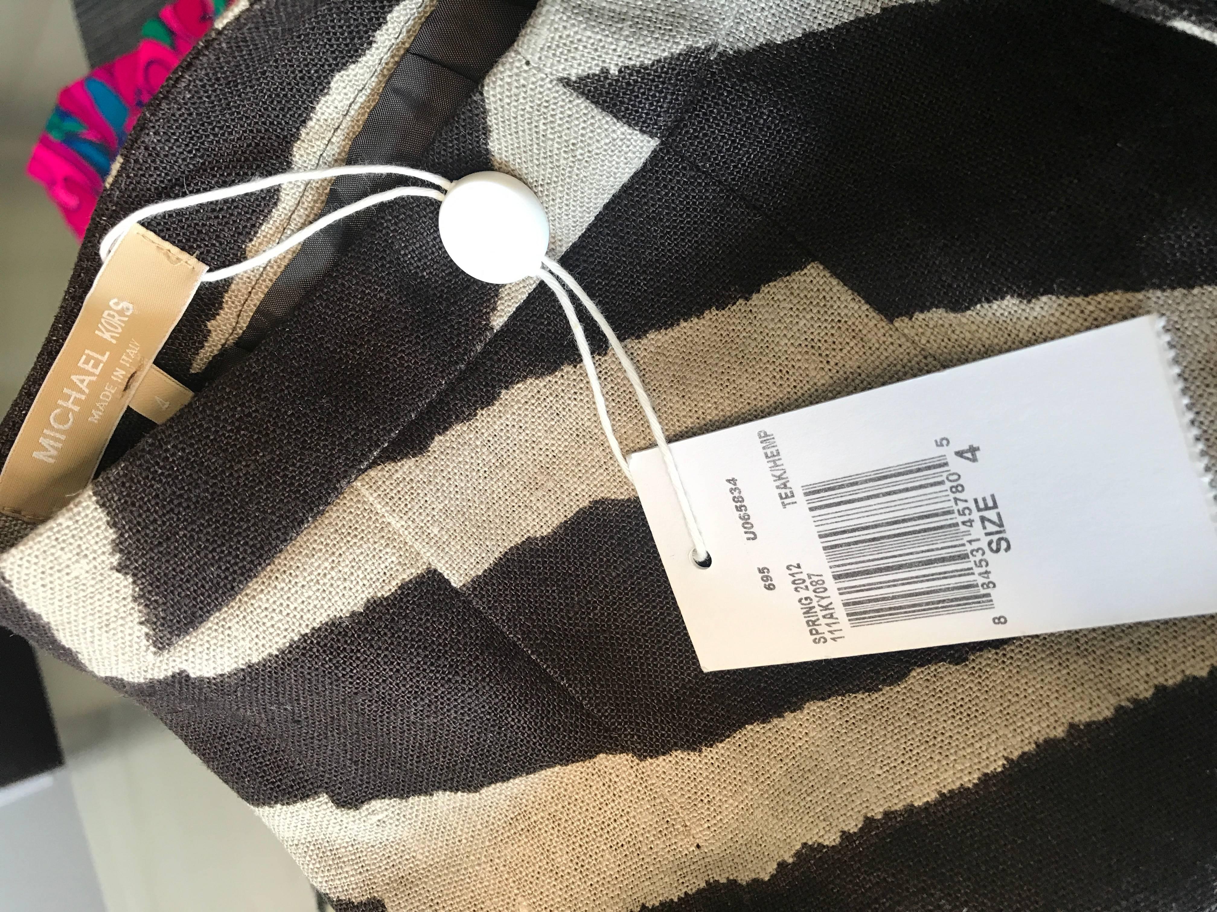 De las mujeres NWT Michael Kors Collection Talla 4 Marrón + Marfil Mini falda de lino con estampado de cebra en venta