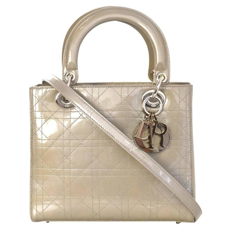 Christian Dior Beige Patent Leather Medium Lady Dior Bag w/ Strap For