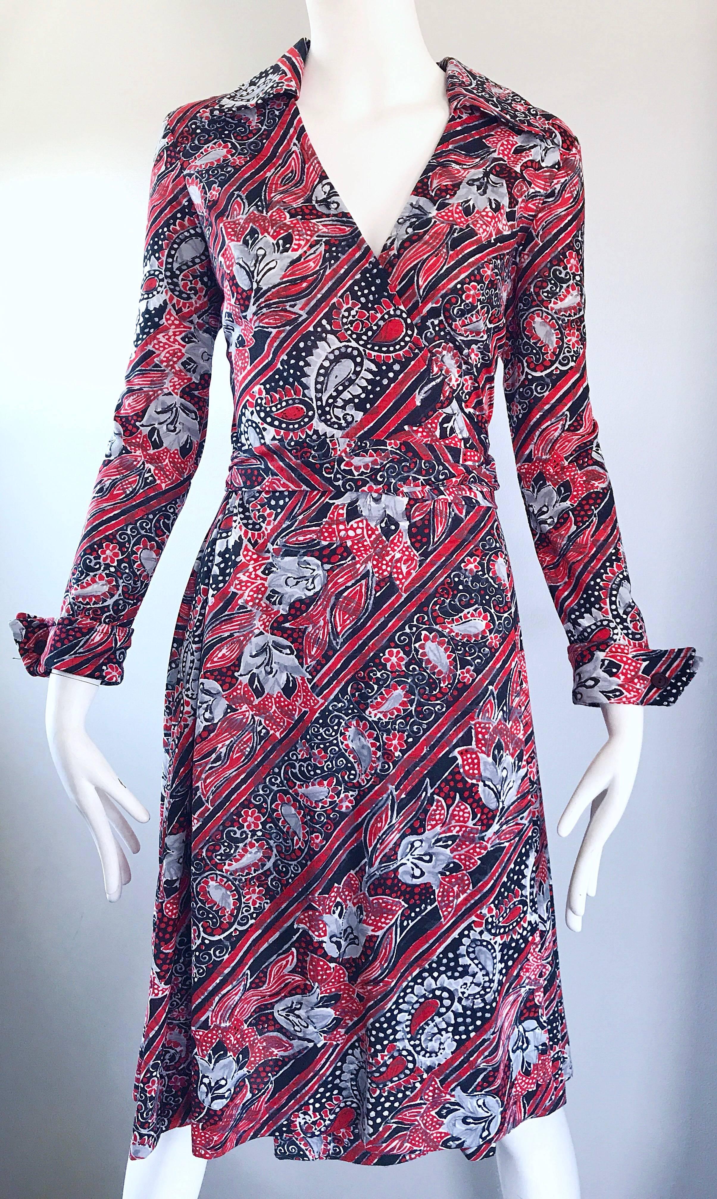 1970s Diane Von Furstenberg Bandanna Print Red White and Blue Vintage Wrap Dress 1