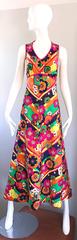 Amazing 1970s Colorful Flowers Stripes Sleeveless Vintage 70s Cotton Maxi Dress