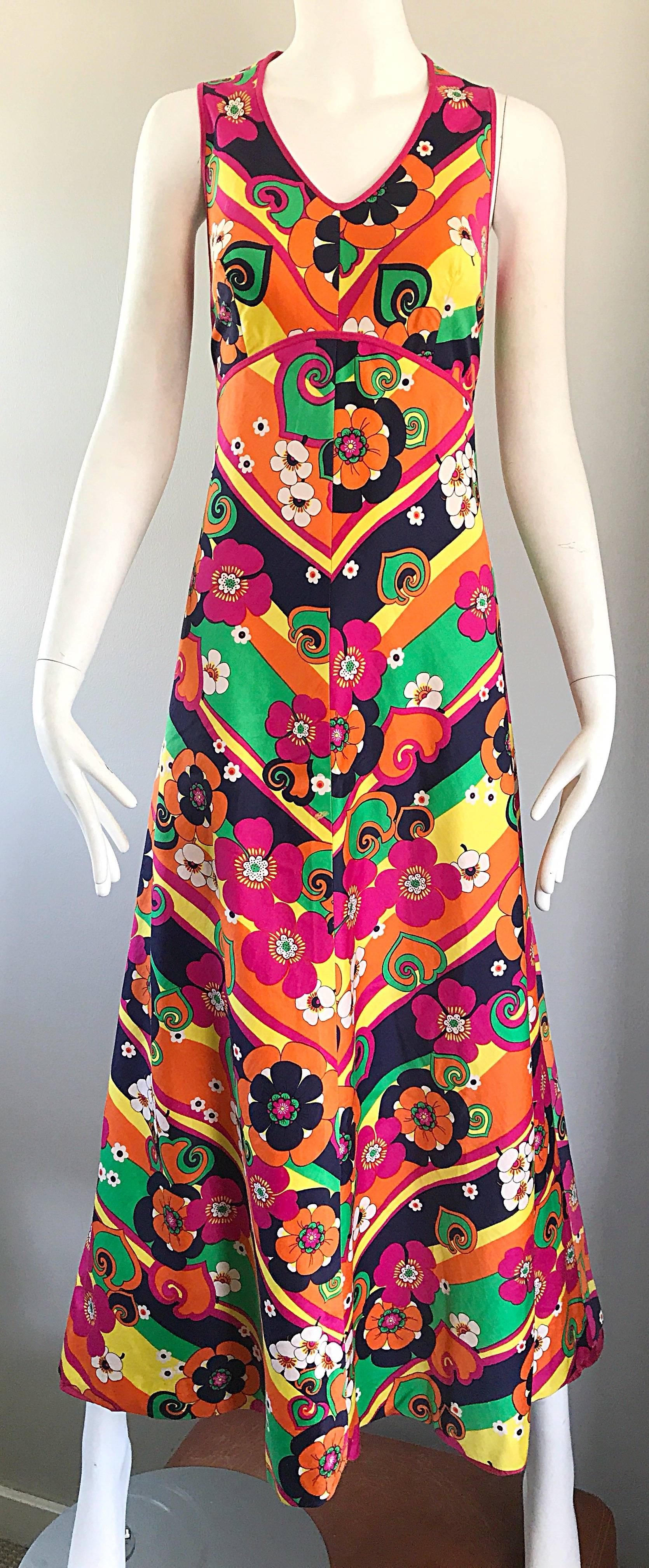Pink Amazing 1970s Colorful Flowers Stripes Sleeveless Vintage 70s Cotton Maxi Dress For Sale