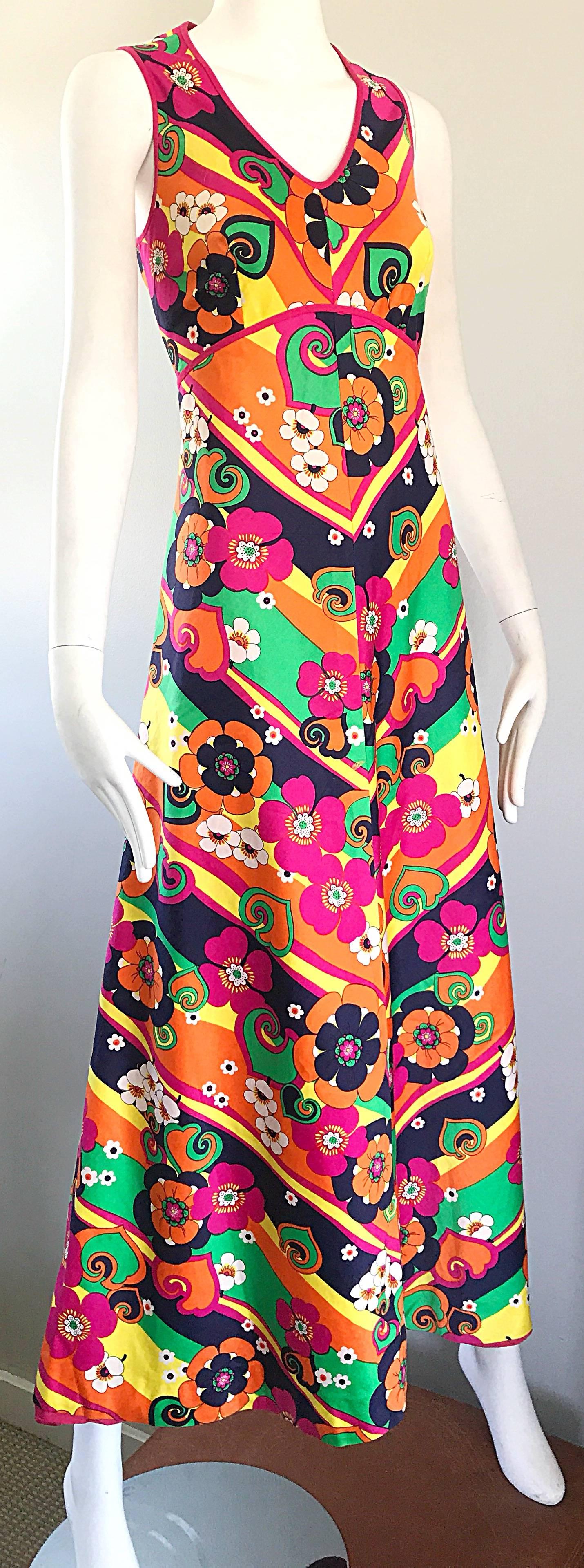 Amazing 1970s Colorful Flowers Stripes Sleeveless Vintage 70s Cotton Maxi Dress In Excellent Condition For Sale In San Diego, CA