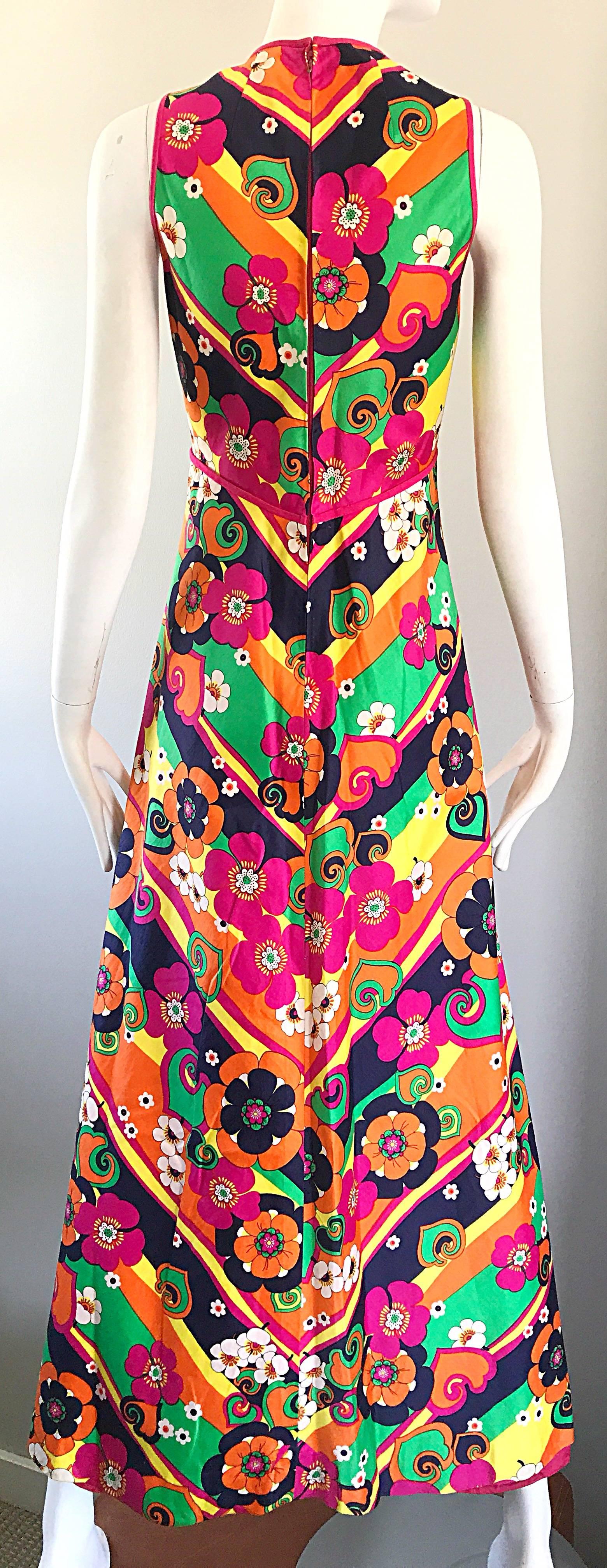 Amazing 1970s Colorful Flowers Stripes Sleeveless Vintage 70s Cotton Maxi Dress For Sale 1